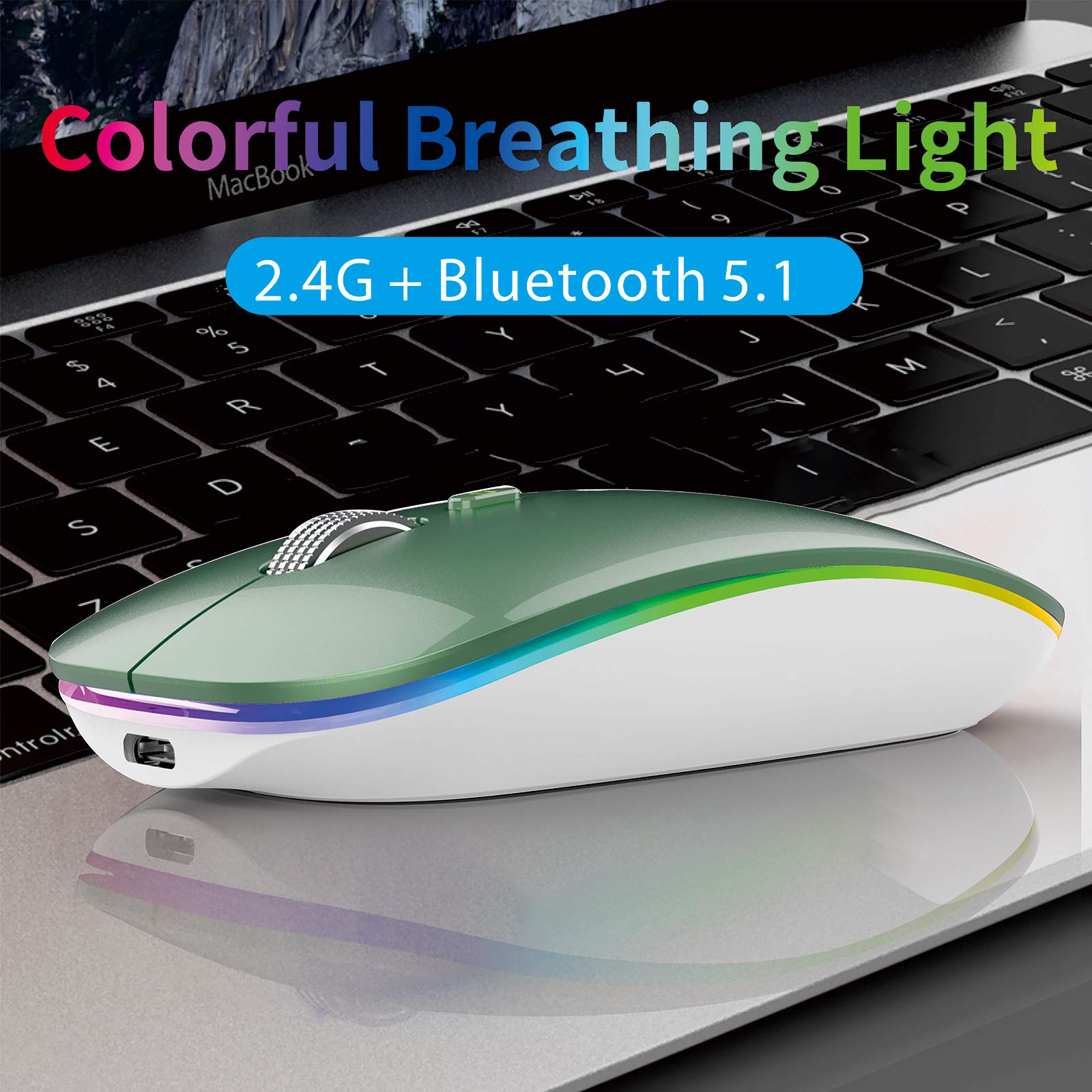 TENMOS Wireless Bluetooth Mouse - Slim Rechargeable Silent Mouse with LED, Bluetooth 5.1 & 2.4GHz USB for Laptop, MacBook, iPad (OS 13+) - Blackish Green - Perfect for Office, Home & Travel Use
