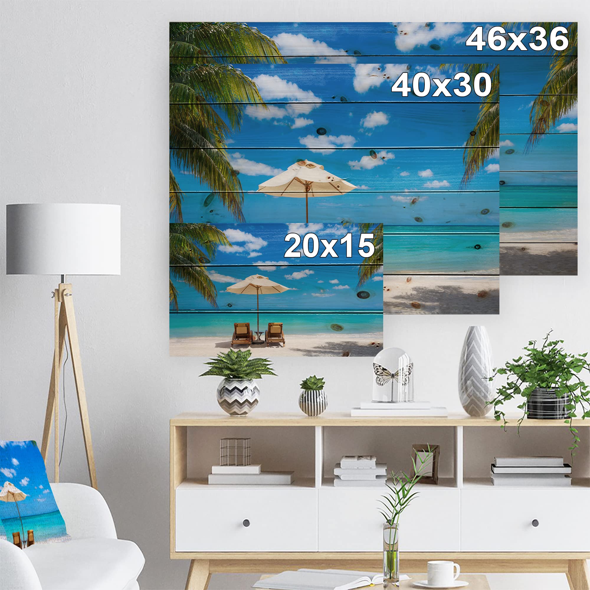 DesignQ Turquoise Beach With Chairs Nautical & Coastal Wood Wall Decor - Blue Wood Wall Art - Large Beach Wood Panels Printed on Natural Pine - Perfect for Coastal Living Rooms, Beach House Decor & Ocean-Themed Bedrooms