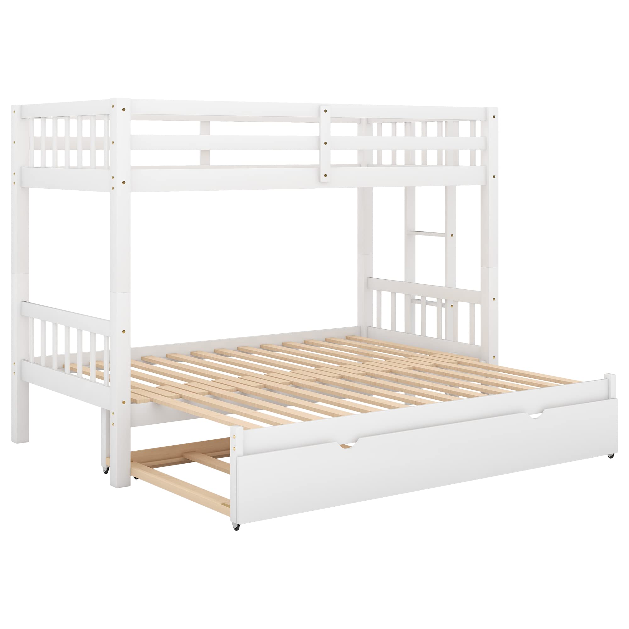 Twin Over Twin Bunk Bed with Trundle - Expandable Wooden Bunk Bed Frame for Kids with Ladder & Safety Rail - Convertible to Twin/Double Bed - Perfect for Small Bedrooms, Guest Rooms & Vacation Homes - White