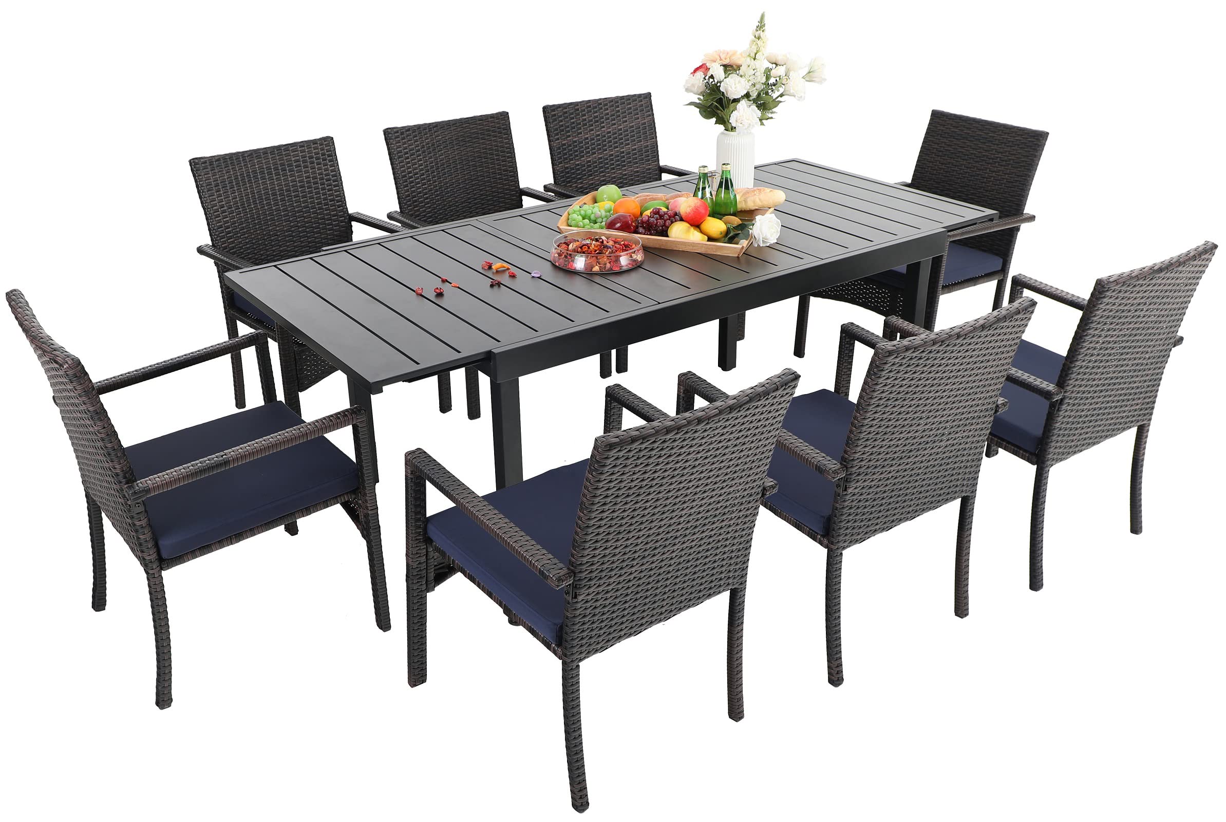 Sophia & William 9-Piece Outdoor Patio Dining Set for 6-8 People - Expandable Metal Table & PE Rattan Chairs with Cushions - Modern Conversation Furniture for Terrace, Porch, Backyard, Garden or Poolside Entertaining