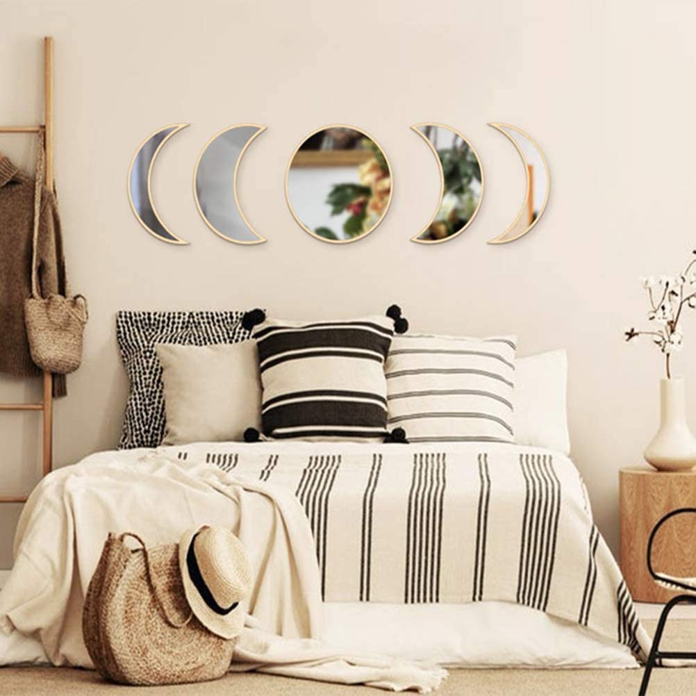 5-Piece Moon Phase Mirror Set - Acrylic Bohemian Wall Decor with Wooden Frame for Living Room, Bedroom & Home Interior Design - Perfect for Boho, Aesthetic & Spiritual Spaces