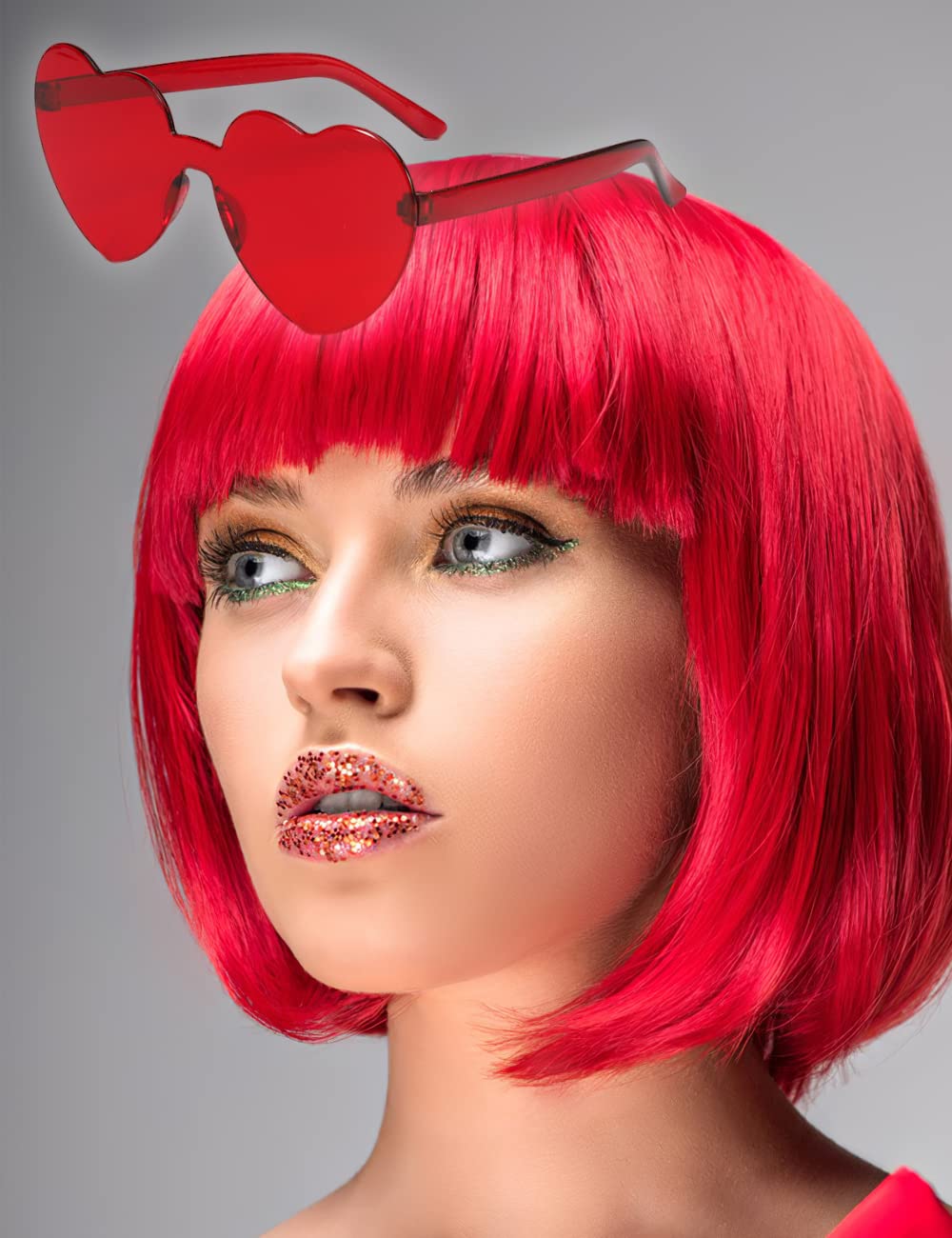 Stylish Red Bob Wig with Fringe & Sunglasses - Short Red Wigs for Women | Perfect for Cosplay, Halloween Costumes & Fashion Accessories