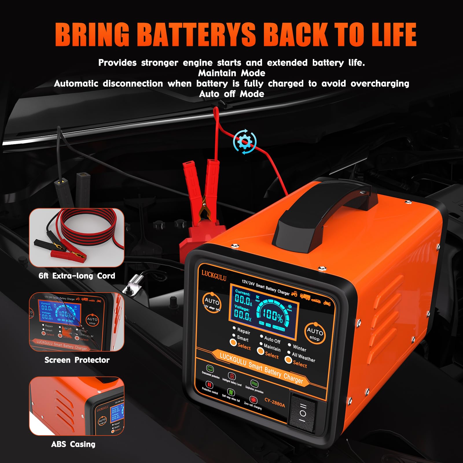 12V/24V Smart Car Battery Charger with Auto Shutoff - for Cars, Boats, Motorcycles