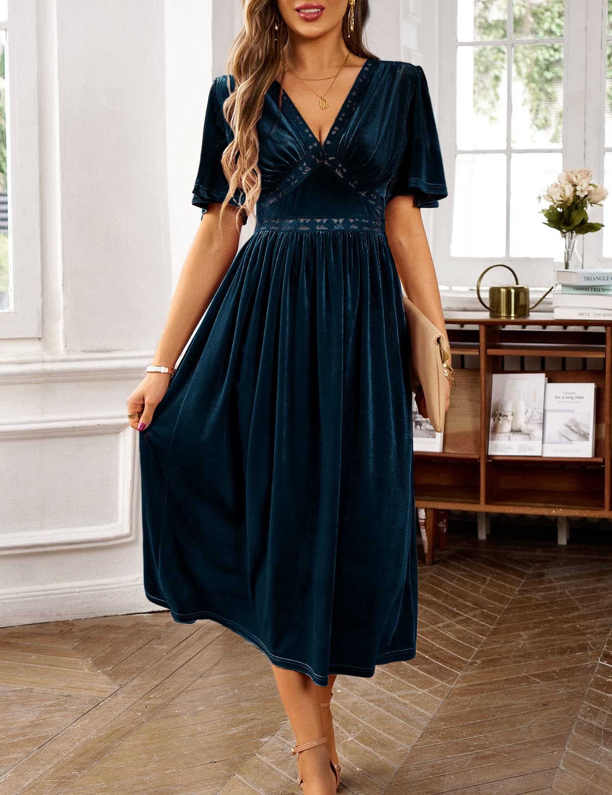 Zilcremo Women's Elegant Deep V-Neck Velvet Dress with Bell Sleeves & Lace Details - Flowy Midi Party Dress for Evening Events, Weddings & Holiday Celebrations