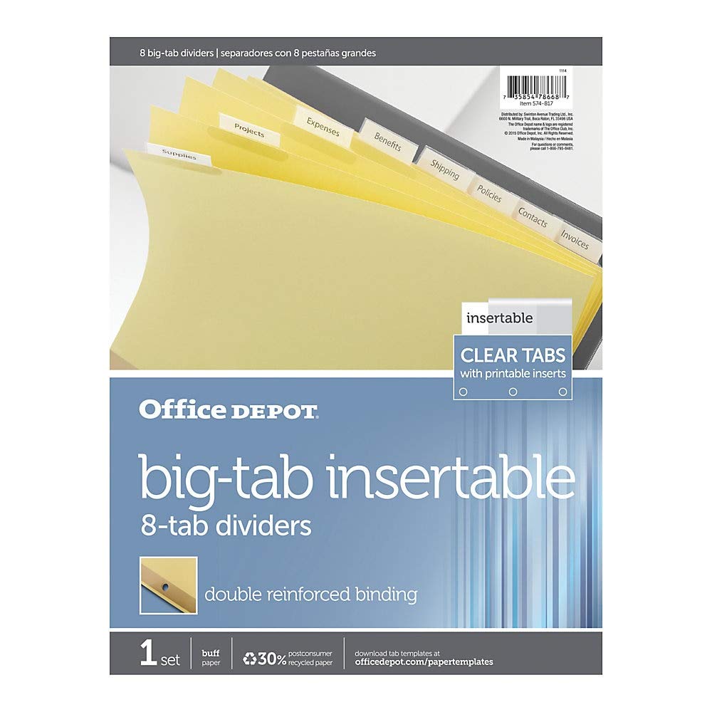 Office Depot Insertable Dividers - 8-Tab Buff with Clear Tabs for File Organization