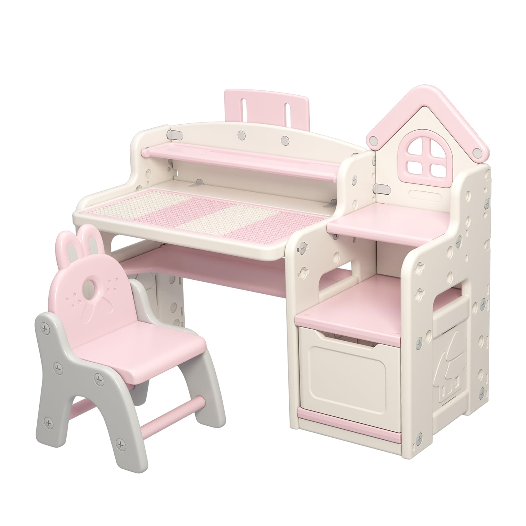 UNICOO Kids 3-in-1 Multifunctional Activity Desk - Adjustable Height Learning & Drawing Table with Chair Set (QB-002-P Pink) | Perfect for Homeschooling, Art Projects & Playroom Organization