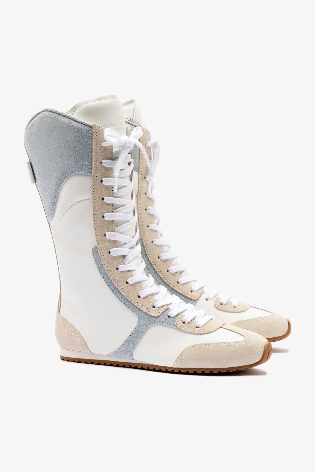 Larroudé x Jonathan Cohen White Leather Flat Lo Sneaker Boot with Maya & Mushroom Grey Suede - Stylish Casual Shoes for Women, Perfect for Everyday Wear, Office & Weekend Outings