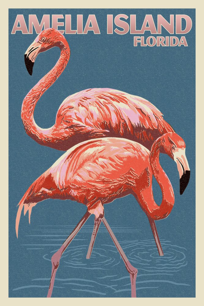 Amelia Island Florida Flamingo Letterpress Art - 16x24 Gallery Quality Metal Wall Decor, Aluminum Sign for Home & Office | Coastal, Beach House, Tropical Decor