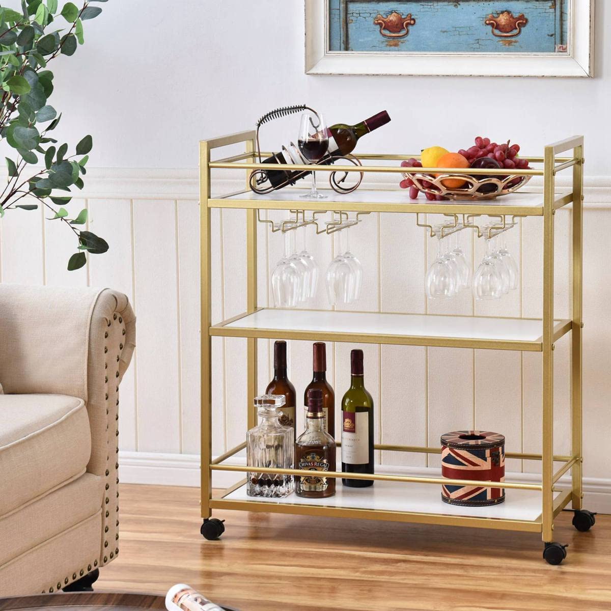 Gold Bar Cart with 3 Shelves - Rolling Wine Glass & Bottle Storage Serving Cart for Kitchen, Living Room, Bar (31.5”W, White) - Perfect for Home Entertaining, Parties & Small Space Storage