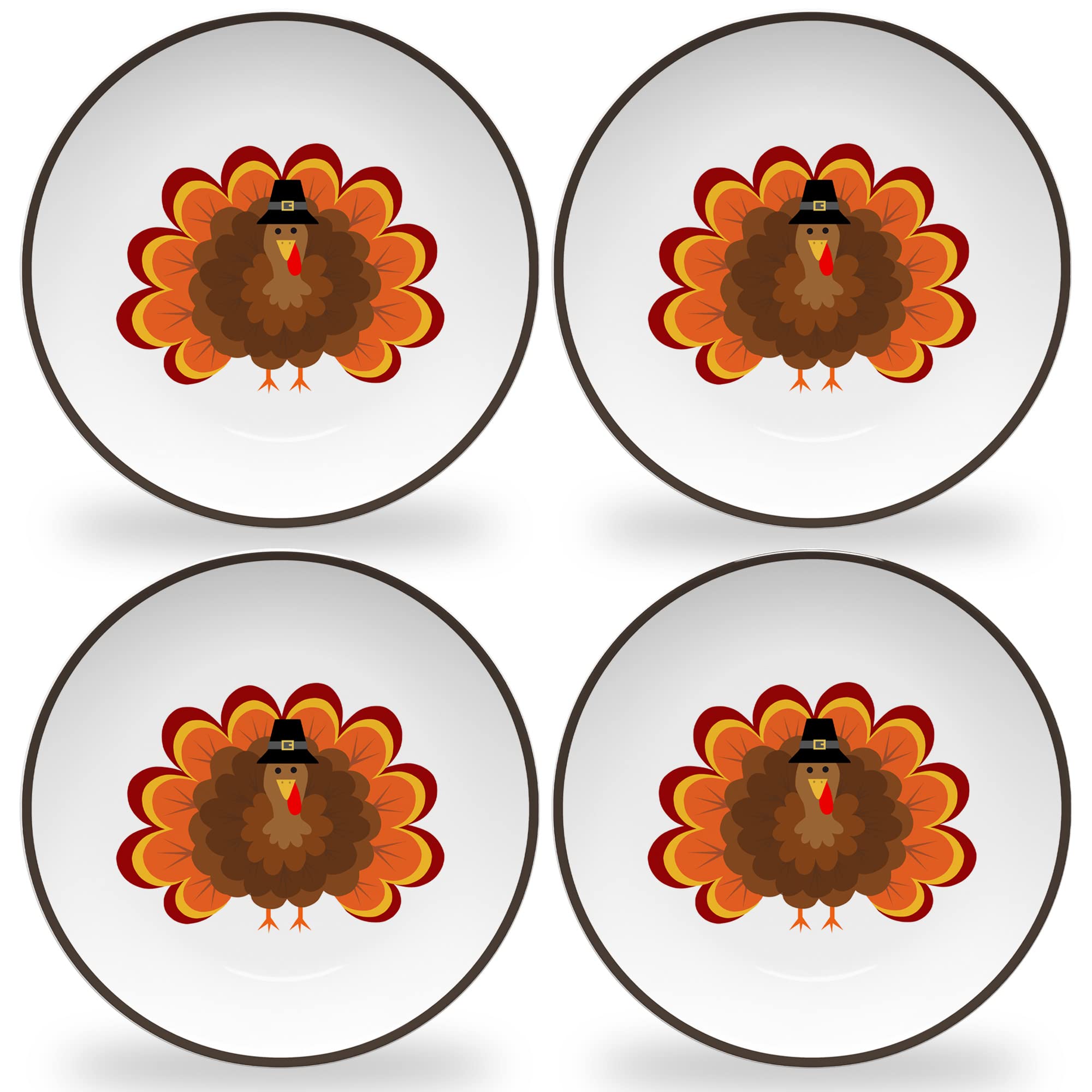 Tiny Expressions - 4 Pack Kids Thanksgiving Plates with Adorable Turkey Designs - Durable Melamine Dinnerware for Holiday Meals & Celebrations - Perfect for Family Gatherings, School Parties & Festive Dinners