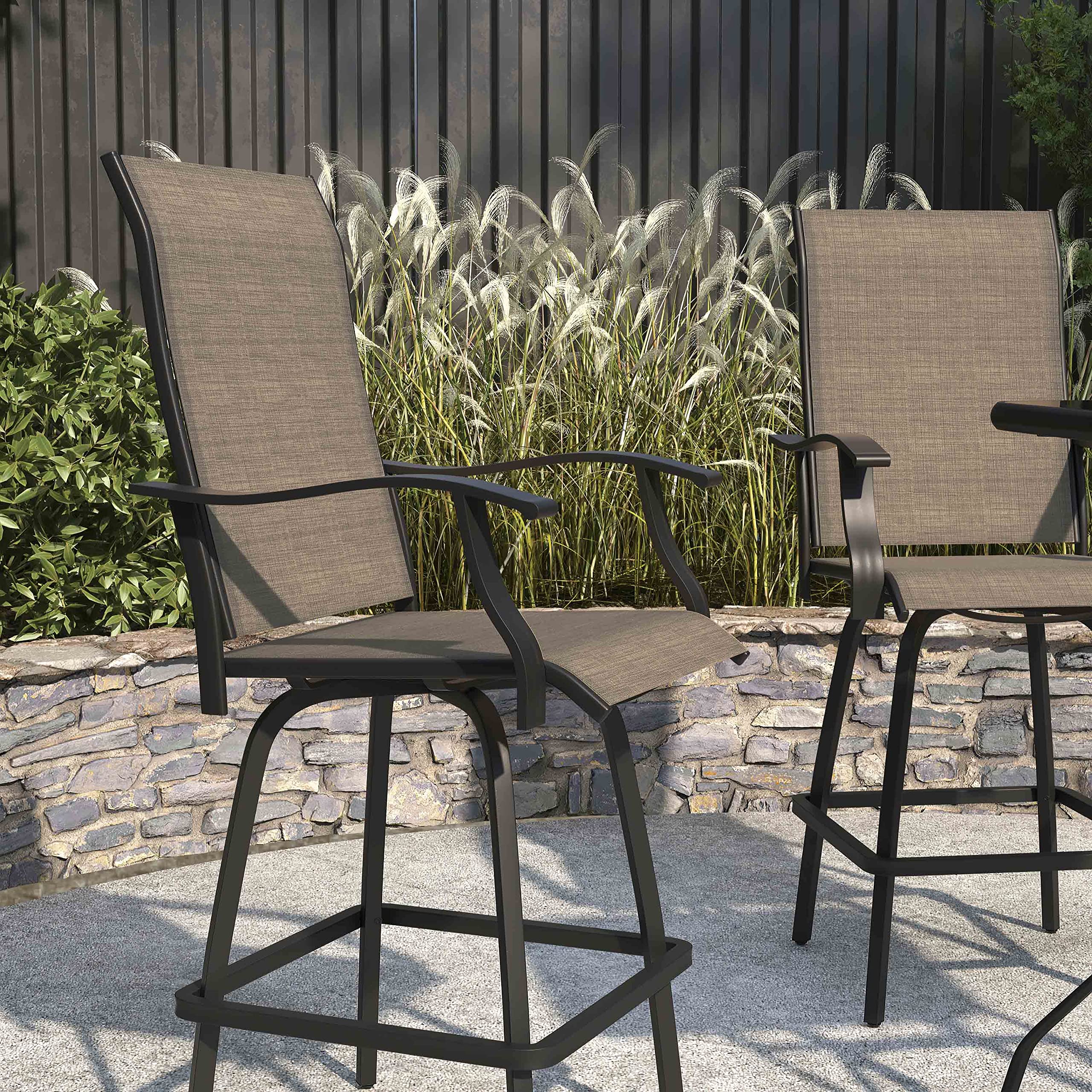 Merrick Lane Set of 2 Brett Bar Height Patio Stools - Brown Textilene Mesh Upholstery with Powder Coated Metal Frame & High Back Design - Outdoor Bar Stools for Patio, Deck, Poolside or Backyard - Comfortable Counter Height Stools with Integrated Arms