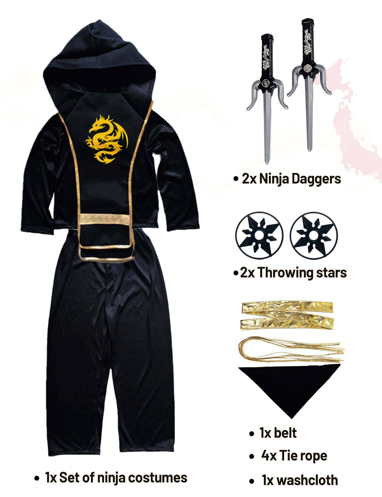 **Boys Ninja Costume Set with Dragon Design & Plastic Ninja Toys - Halloween Cosplay Outfit for Kids, Boys & Girls - Perfect for Halloween Parties, Dress-Up Play & Themed Events**