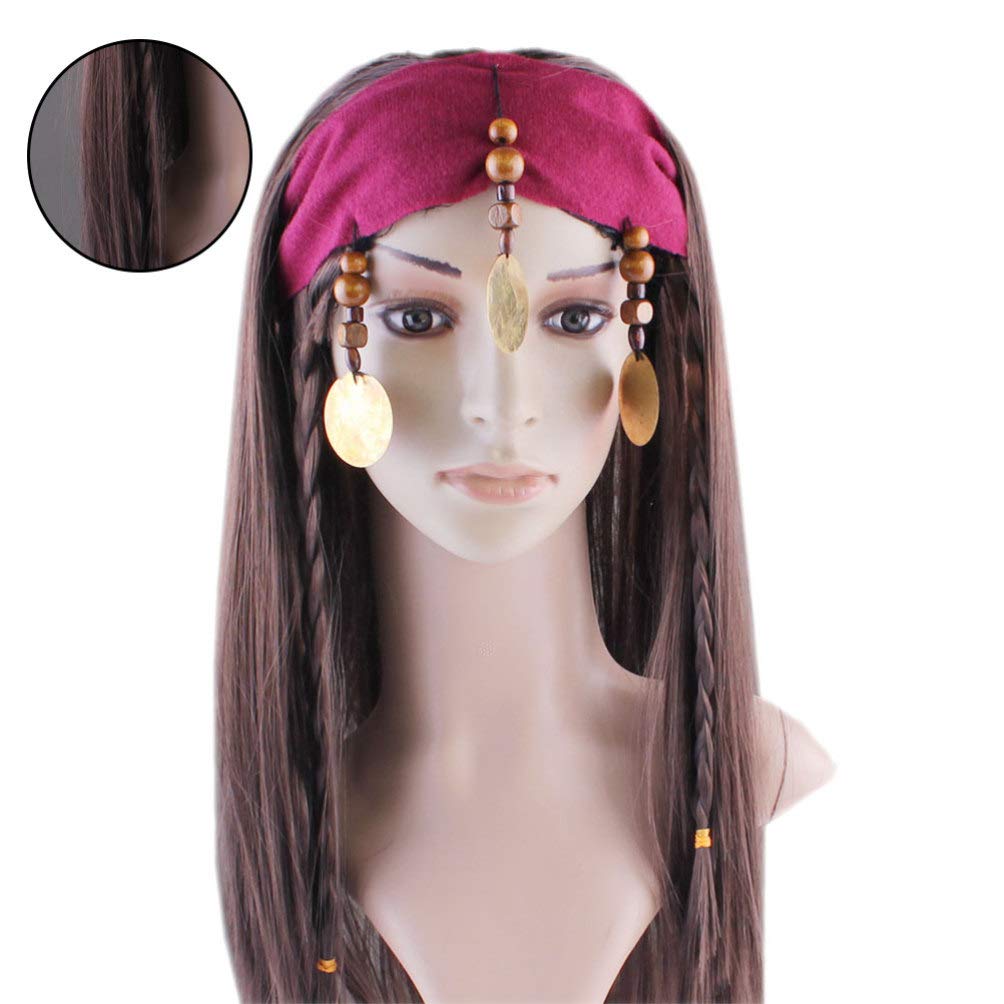 Amosfun Halloween Pirate Wig for Women & Girls - Long Curly Cosplay Costume Wig with Headdress - Perfect for Halloween Parties, Cosplay Events & Themed Dress-Up