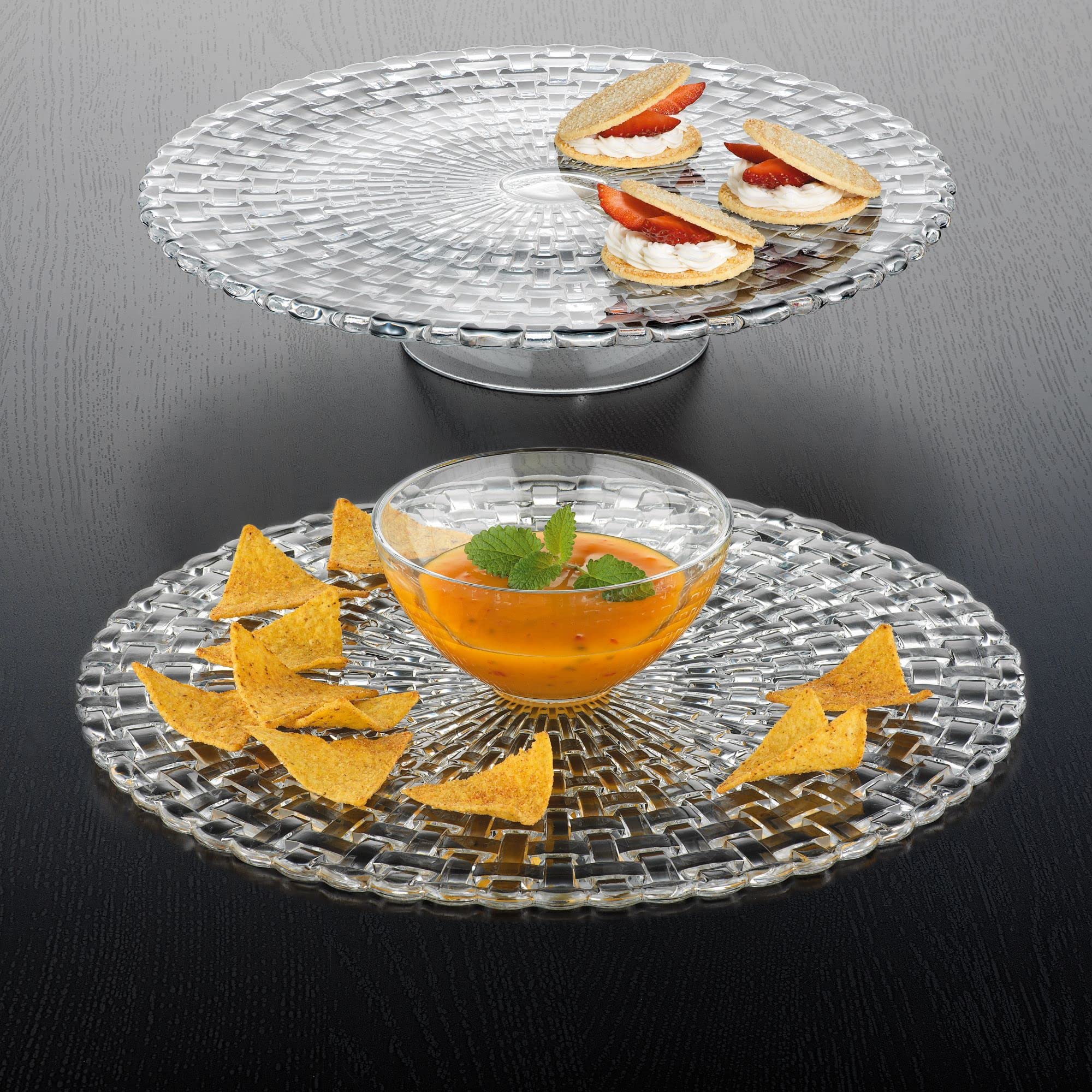 Nachtmann Bossa Nova Collection 13-Inch Crystal Chip & Dip Plate - Elegant Serving Platter with Attached Bowl, Dishwasher Safe Glass Cake Stand for Parties, Weddings & Home Decor