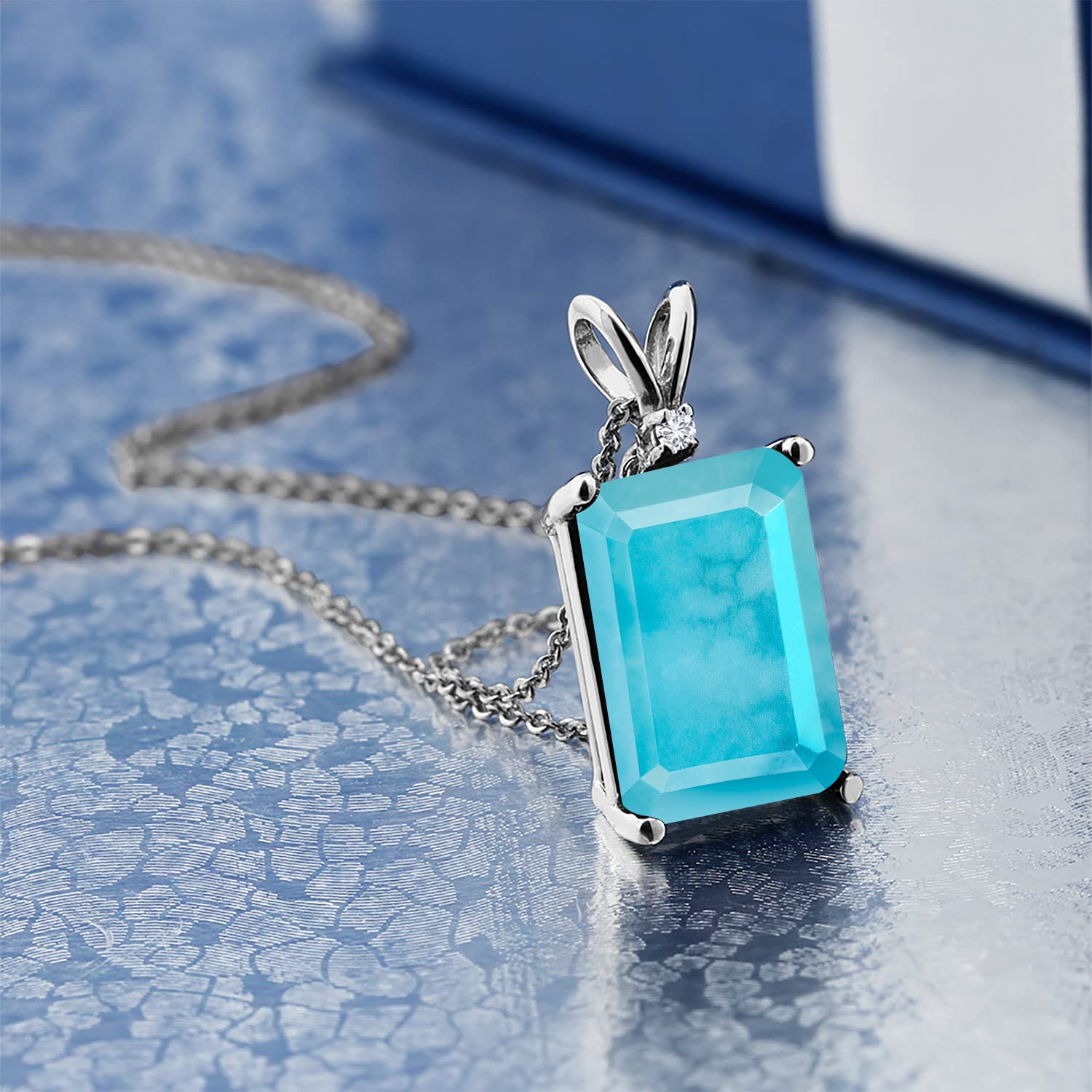 14X10MM Emerald Cut Gemstone & White Diamond Birthstone Necklace for Women | 925 Sterling Silver Pendant with 18 Inch Chain | Anniversary Gift, Valentine's Day Present, Birthday Jewelry