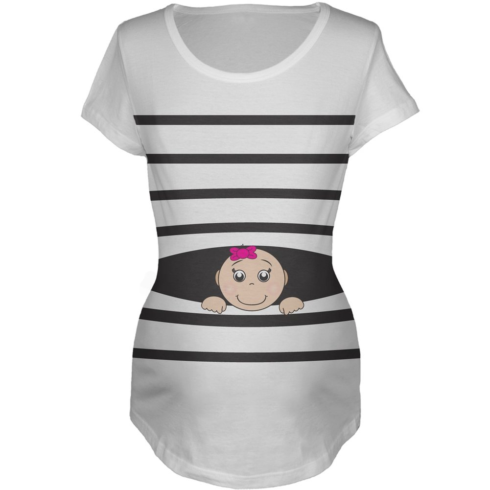 Old Glory Striped Peeking Baby Girl White Maternity T-Shirt - Large | Patriotic Pregnancy Shirt for Moms-to-Be | Perfect for 4th of July, Baby Showers & Gender Reveals