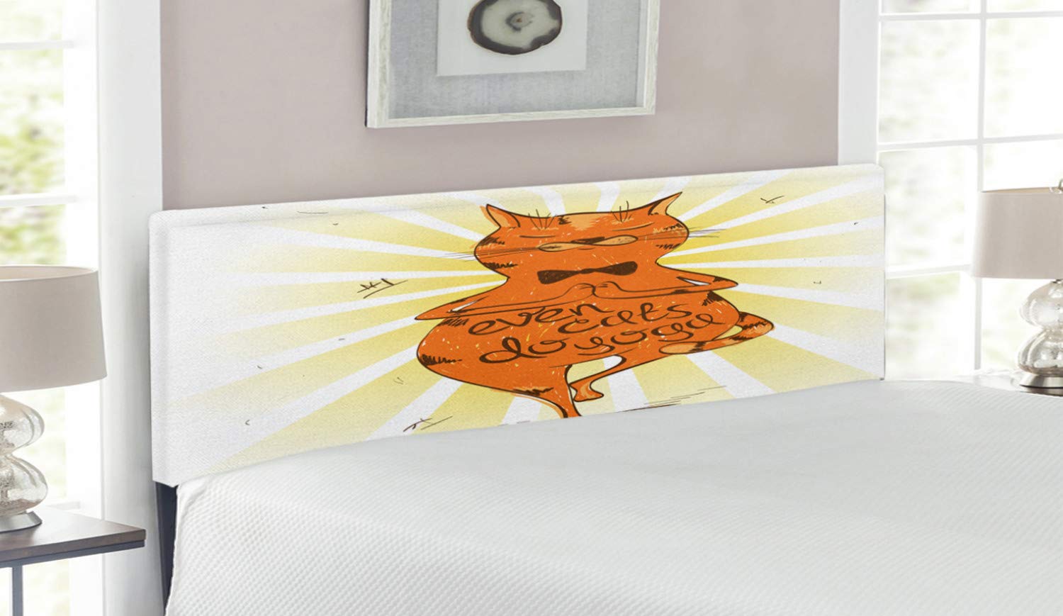 Ambesonne Yoga Headboard - Peaceful Cat with Inspirational Phrase, Asana Balance Position for Relaxation, Upholstered Decorative Metal Bed Headboard with Memory Foam, Queen Size, Orange Yellow Brown - Perfect for Yoga Lovers' Bedroom Decor and Meditation Space