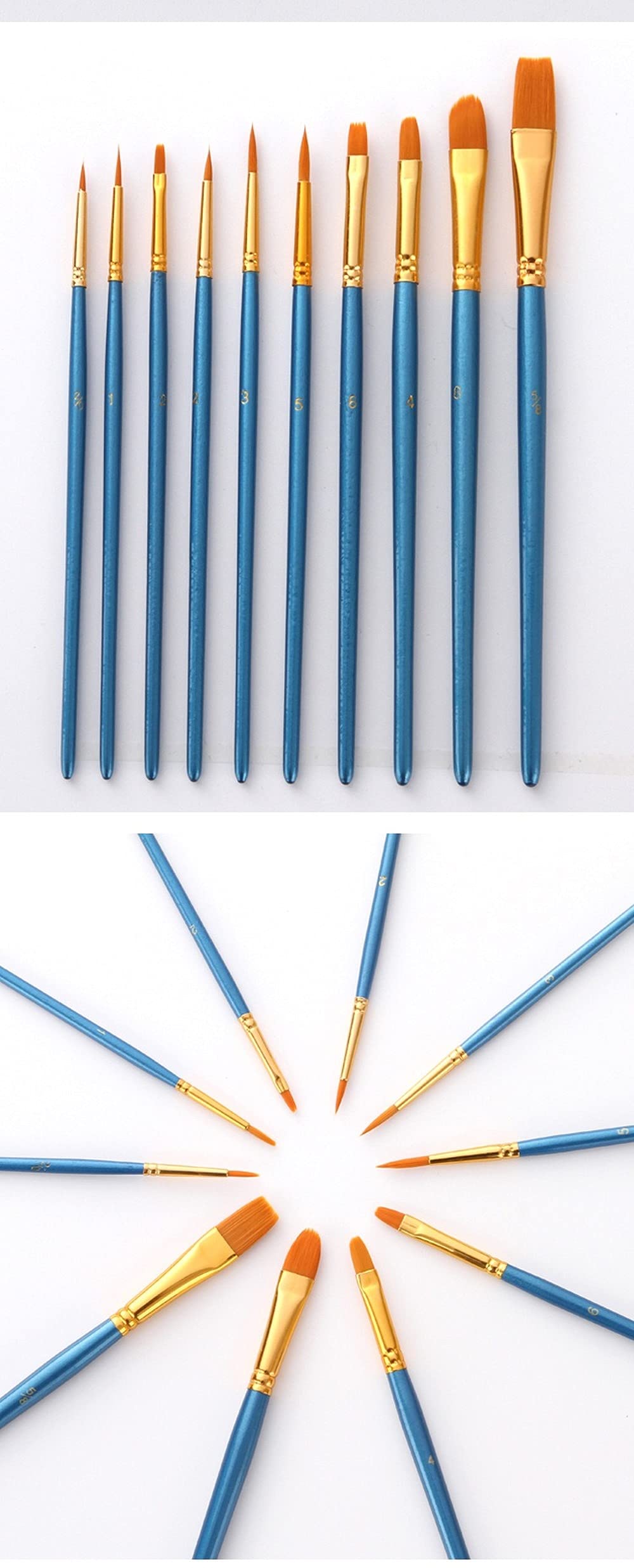 10-Piece Acrylic Paint Brush Set - Round Pointed Tip Nylon Hair Brushes for Oil, Watercolor, Face & Nail Art - Perfect for Miniature Detailing, Rock Painting & Canvas Art - Ideal for Artists, Adults & Kids (Black)