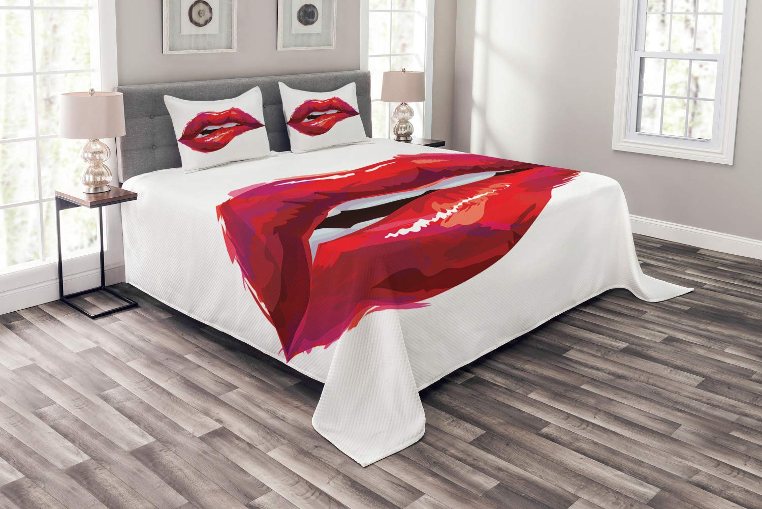 Ambesonne Lips Bedspread Set - King Size 3-Piece Quilted Coverlet with 2 Pillow Shams, Dark Coral Pink & White, Modern Woman Biting Lips Design on Plain Background | Perfect for Master Bedroom, Guest Room Decor, Valentine's Gift & Contemporary Home Styling