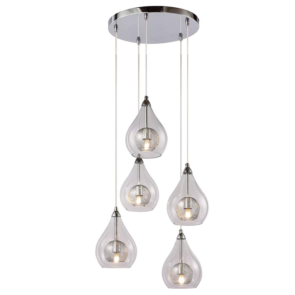 Maxax 5-Light Raindrop Glass Chandelier - Modern Clear Glass Shade Pendant Lighting Fixture - Adjustable Contemporary Ceiling Light for Kitchen, Dining Room, Living Room - Chrome Finish - Perfect for Home Decor, Wedding Venues & Restaurant Lighting