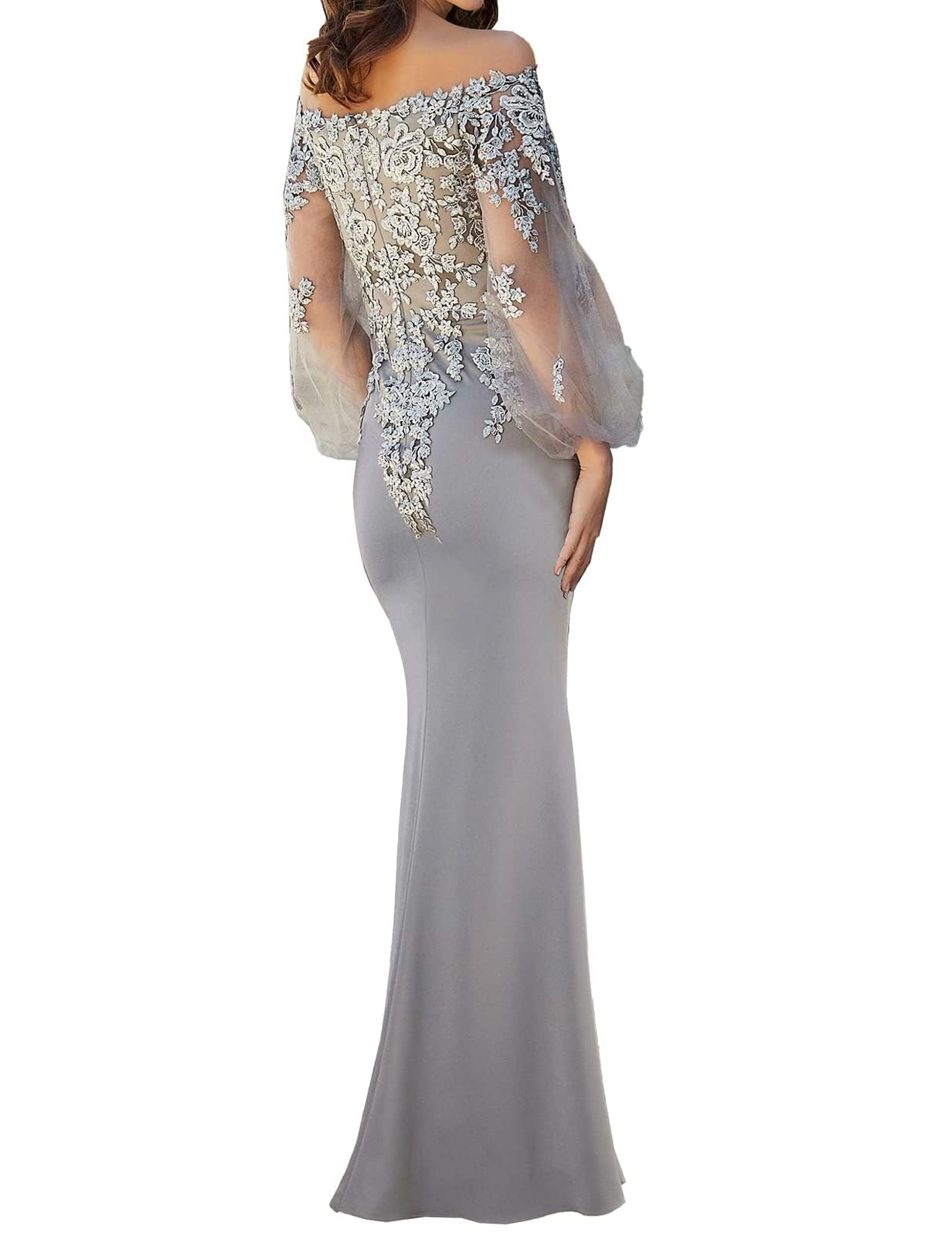 Elegant Long Sleeve Mother of The Bride Dress with Lace Appliques - Off Shoulder Chiffon Formal Gown for Weddings, Receptions & Special Occasions