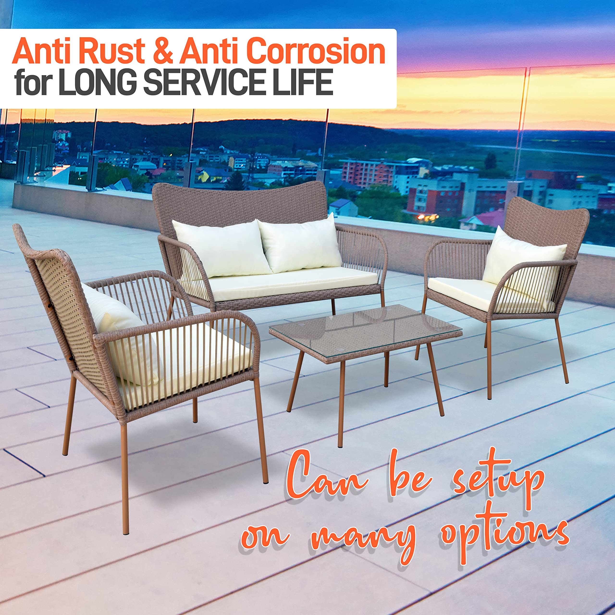 SereneLife 4-Piece Outdoor Rattan Patio Furniture Set with Cushions - 1 Double Sofa, 2 Single Chairs & Glass-Top Coffee Table (Beige) - Perfect for Garden, Poolside, and Backyard Relaxation