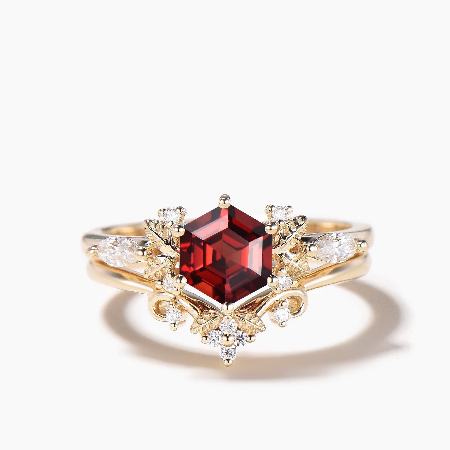 Hexagon Cut Garnet Leaf Engagement Ring - Diamond Nature Inspired Bridal Wedding Set for Women, Vintage Style Jewelry Gift for Her (Perfect for Proposals, Anniversaries, Valentine's Day & Special Occasions)