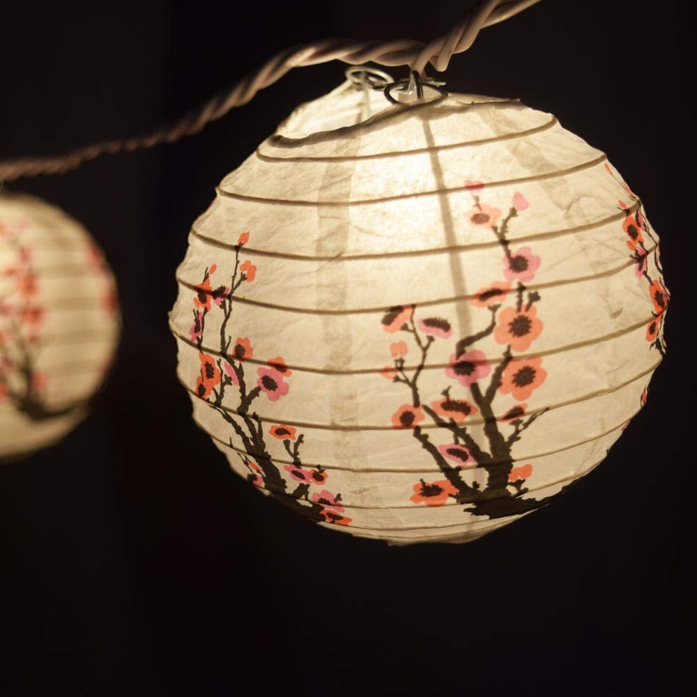 Cherry Blossom Paper Lantern String Lights - 4 Inch Sakura Round Lanterns with 8FT Black Cord for Wedding, Party & Home Decor - Perfect for Indoor/Outdoor Events, Garden Lighting & Asian-Themed Celebrations