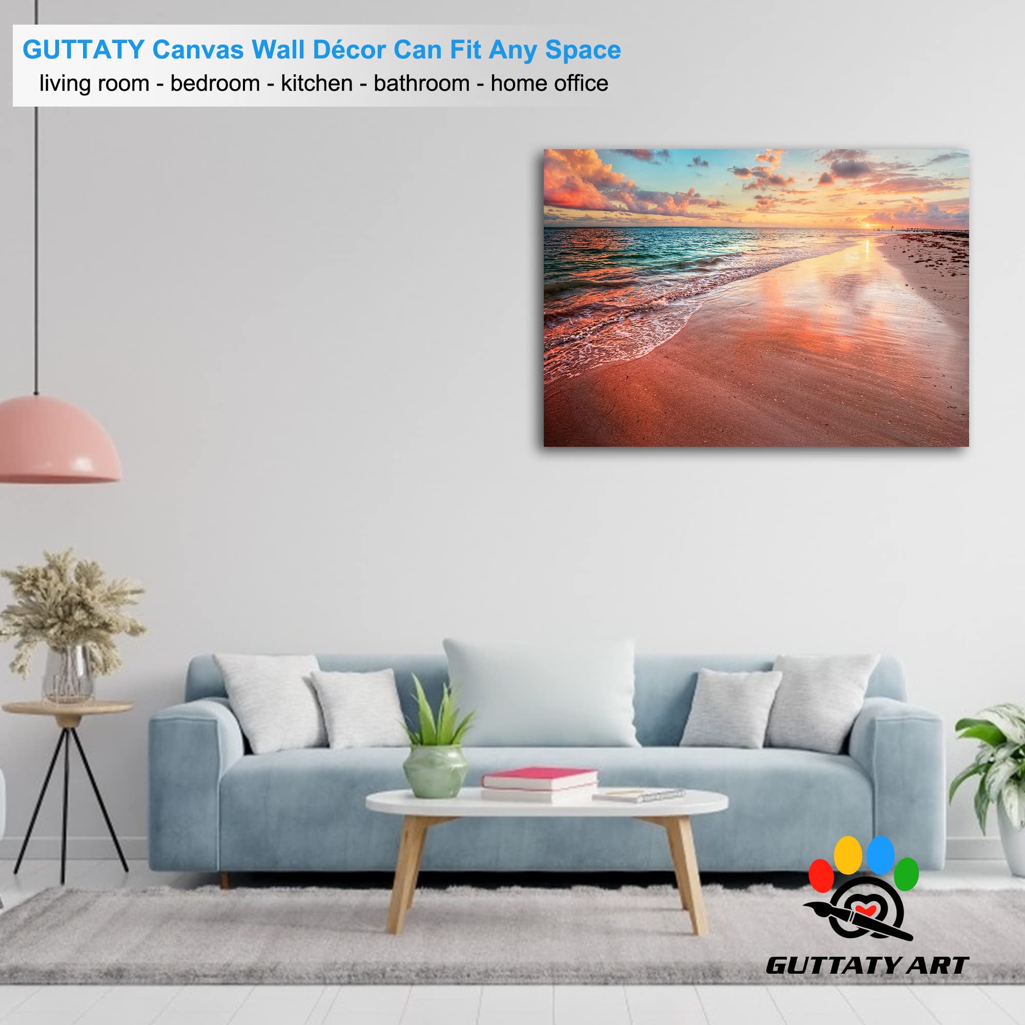 GUTTATY Large Sunset and Beach Canvas Wall Art - Ocean Coastal Painting for Living Room Decor - Framed Seascape Canvas Print (28x40 Inches) | Perfect for Beach House, Bedroom & Office Wall Decoration