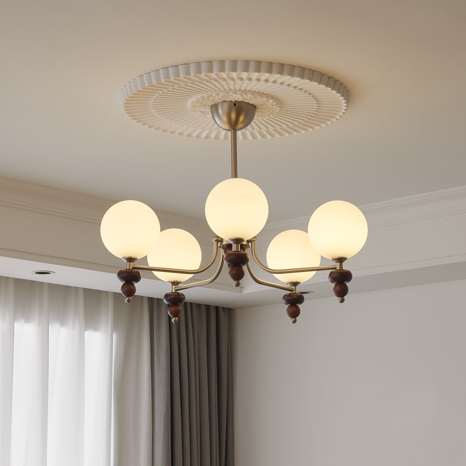 Celestial Sphere Walnut Wood Chandelier - Elegant Handcrafted Lighting Fixture for Dining Room, Bedroom, or Living Room Decor