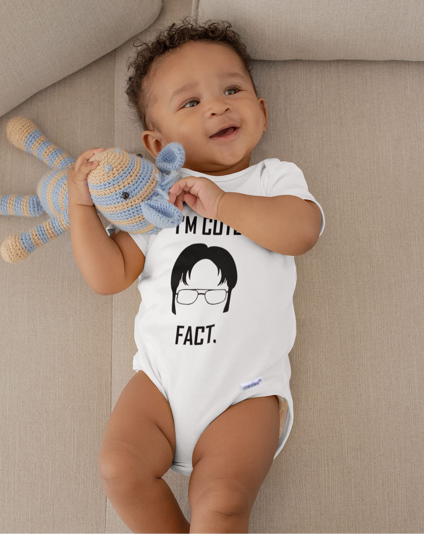 Dwight Schrute Baby Organic Cotton Romper - 'I'm Cute, Fact' Funny Baby Onesie | Brain Juice Tees | Soft & Comfortable Infant Outfit for Playtime & Photo Shoots
