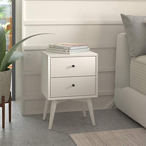 Allora Mid Century Modern White Wood 2-Drawer Nightstand - Bedside Table for Bedroom, Living Room & Guest Room Storage