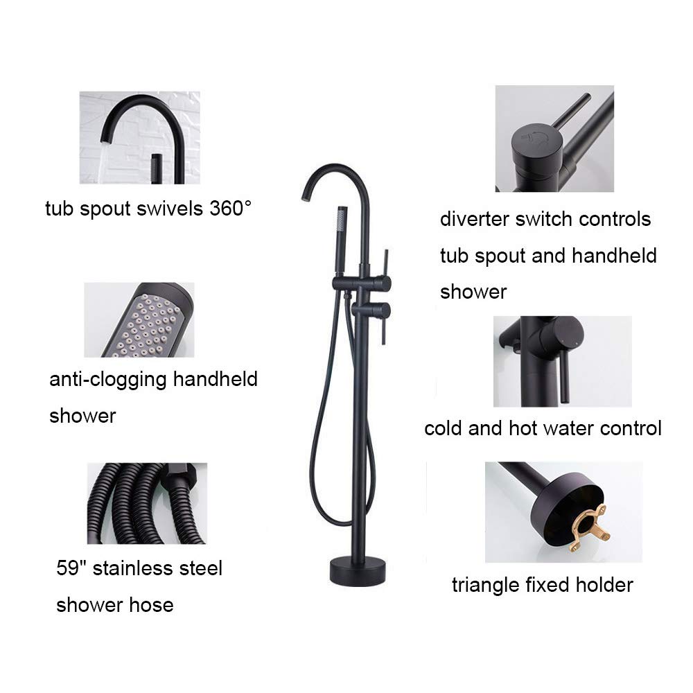 Matte Black Bathtub Faucet with Handheld Shower Mixer - Floor Mount Tub Filler & Shower Faucet for Modern Bathrooms | Perfect for Spa-Like Relaxation & Convenient Bathing