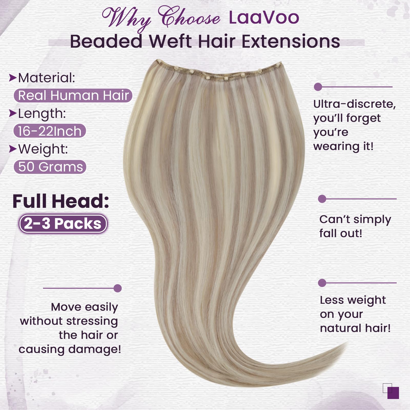 LaaVoo 18 Inch Beaded Weft Hair Extensions - 50G & 100G Real Human Hair with Ash Blonde Highlights for Sew-In | Natural Look for Daily Wear, Parties & Special Occasions