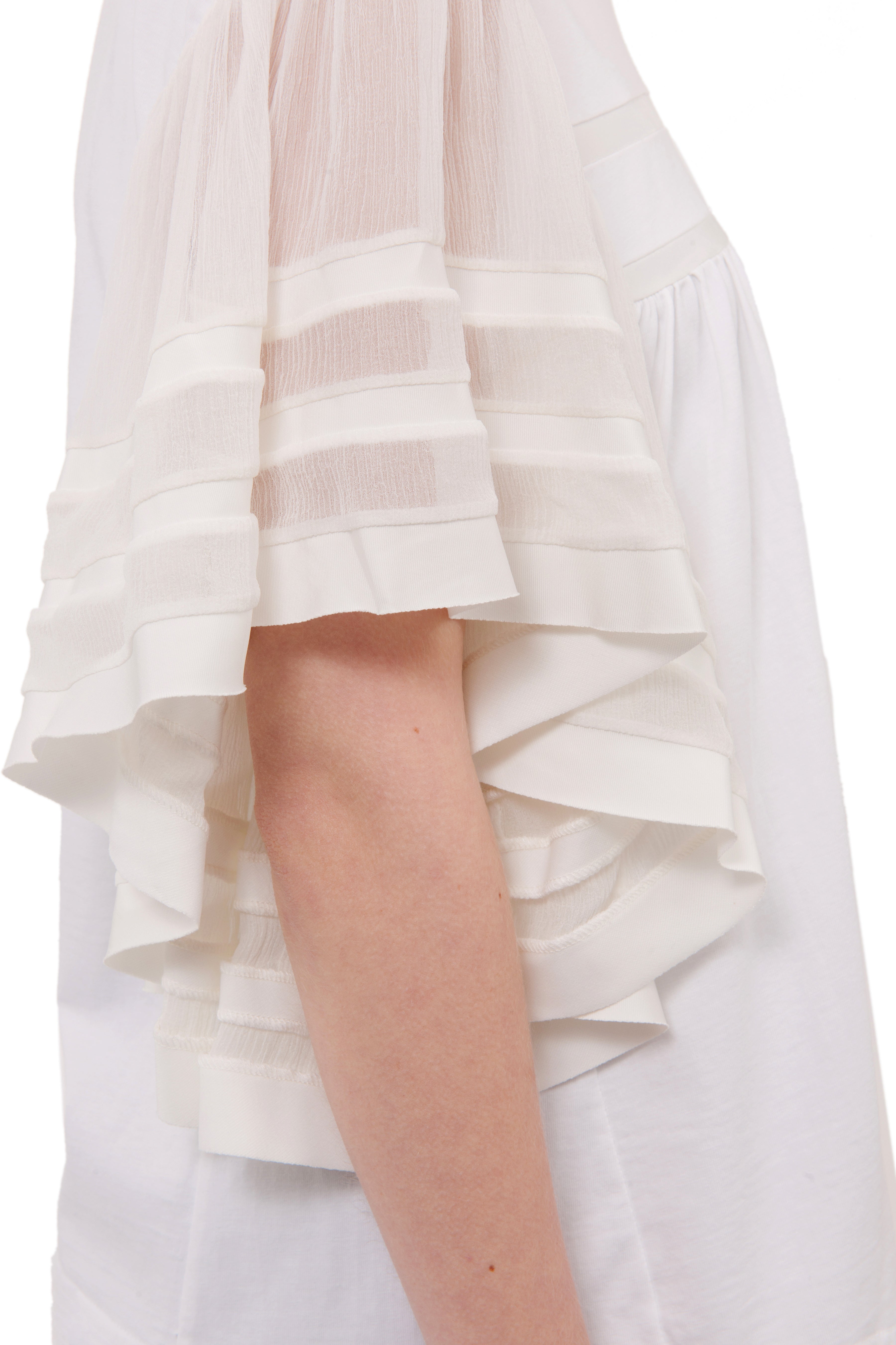 Chloe Spring 2017 Women's White T-Shirt with Ivory Silk Chiffon Ruffle Sleeves - Elegant Blouse for Casual Wear, Office Outfits & Spring Fashion