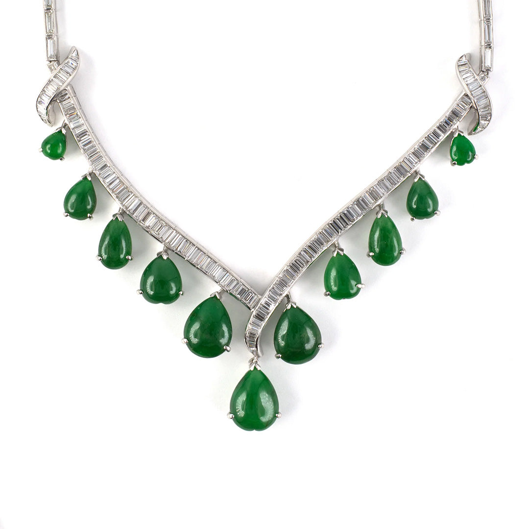 Exquisite Diamond & Jadeite Tapered 'V' Festoon Necklace - Elegant Statement Jewelry for Weddings, Parties & Special Occasions