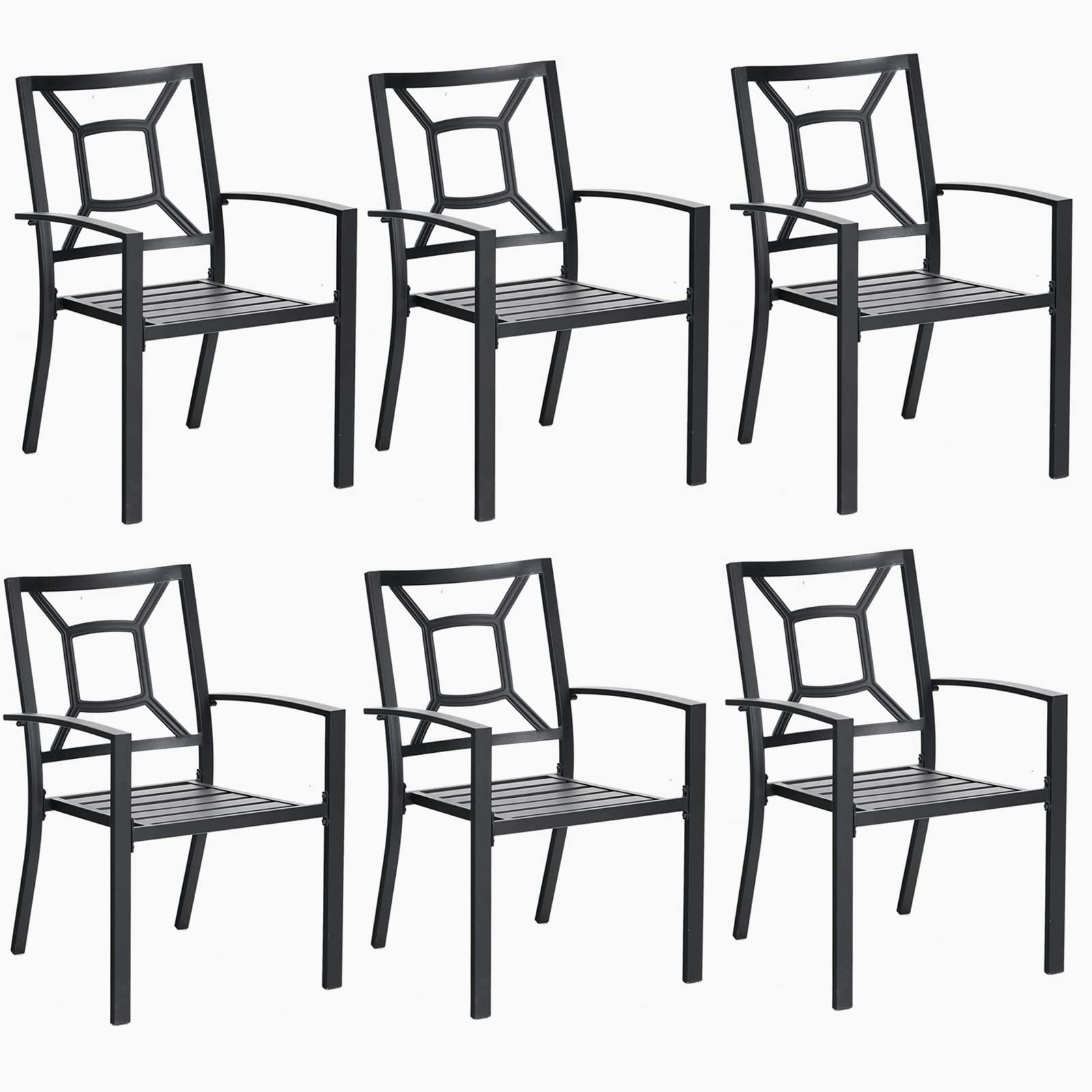 MFSTUDIO 6-Piece Patio Dining Chairs Set - Outdoor Wrought Iron Stackable Armchairs with Armrests, Black - Perfect for Backyard, Garden, Poolside & Restaurant Outdoor Seating