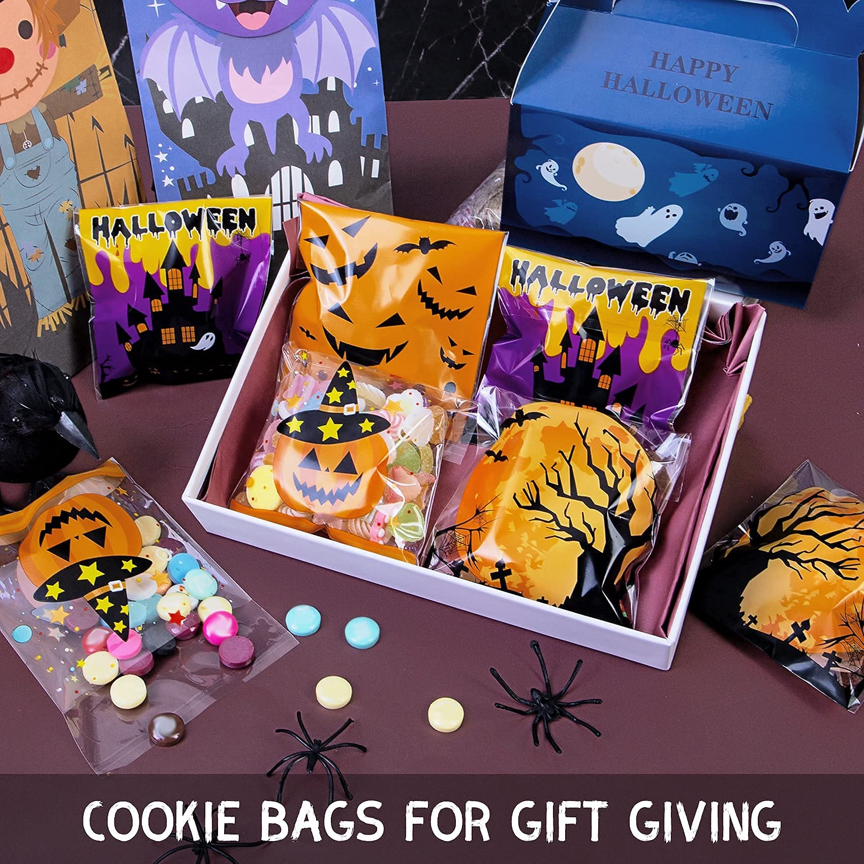 Eunvabir 160 PCS Halloween Cellophane Treat Bags - Self Adhesive Candy Goodie Cookie Snacks Gift Bags for Trick or Treat Party Favors, Classroom Prizes, Halloween Party Supplies & School Events