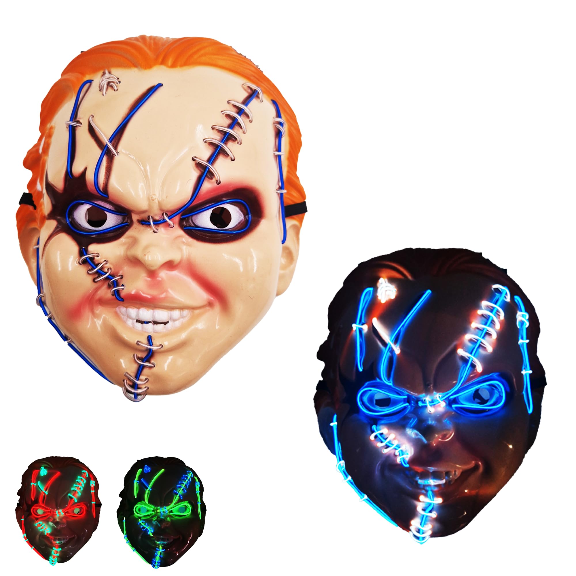 Carnavalife Chucky LED Halloween Mask with 3 Light Modes - Glow in The Dark Scary Movie Costume Accessory for Adults & Teens - Perfect for Halloween Parties, Haunted Houses & Cosplay Events
