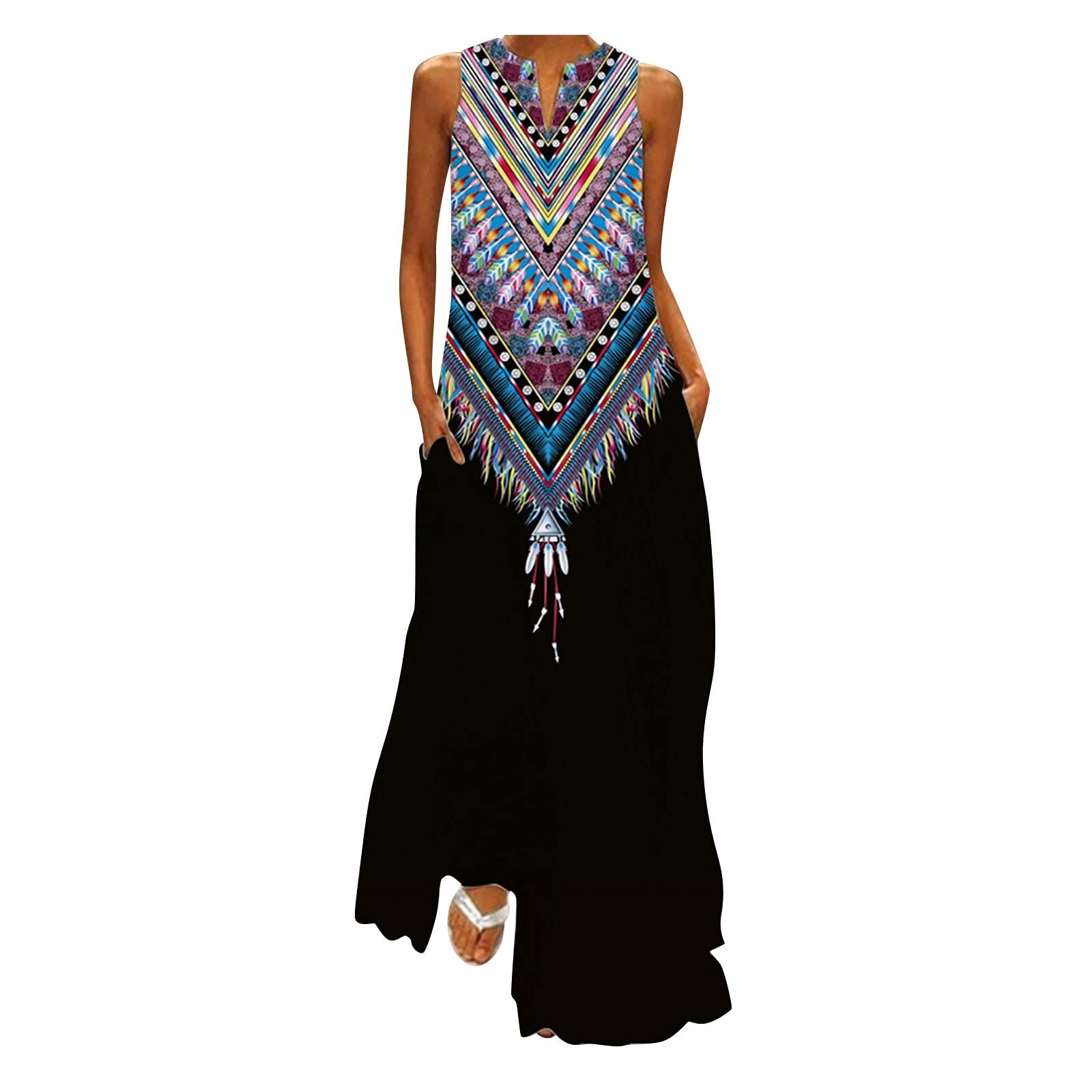 ETHKIA Women's Sexy Summer Dresses 2023 - Flowy V-Neck Boho Print Casual Dress for Beach, Vacation & Outdoor Parties | Lightweight Sleeveless Maxi Dress for Women