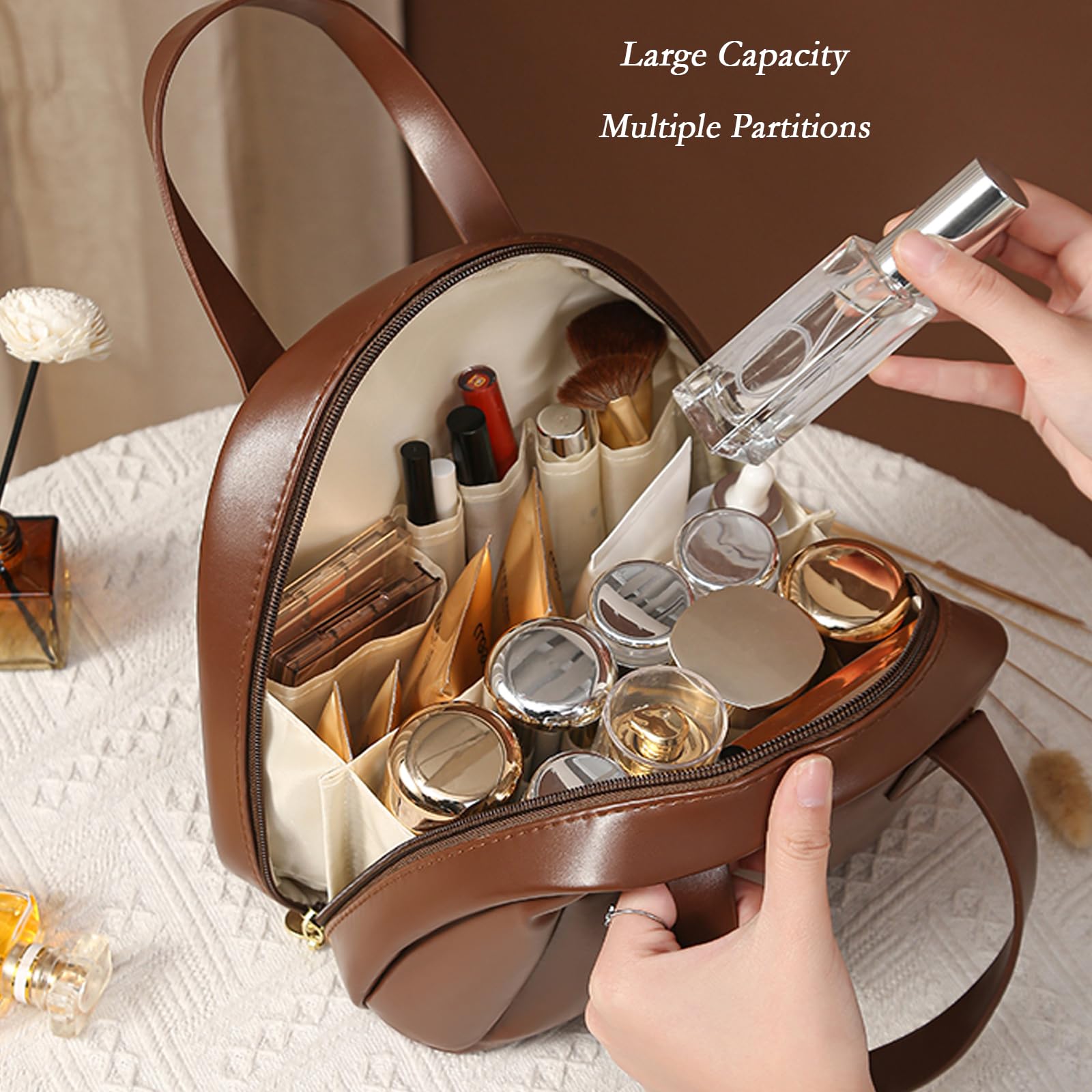 Waterproof Leather Makeup Bag for Women & Girls - Large Capacity Travel Cosmetic Organizer, Portable Toiletry Bag (Brown, BK-01) | Perfect for Travel, Gym & Daily Makeup Storage