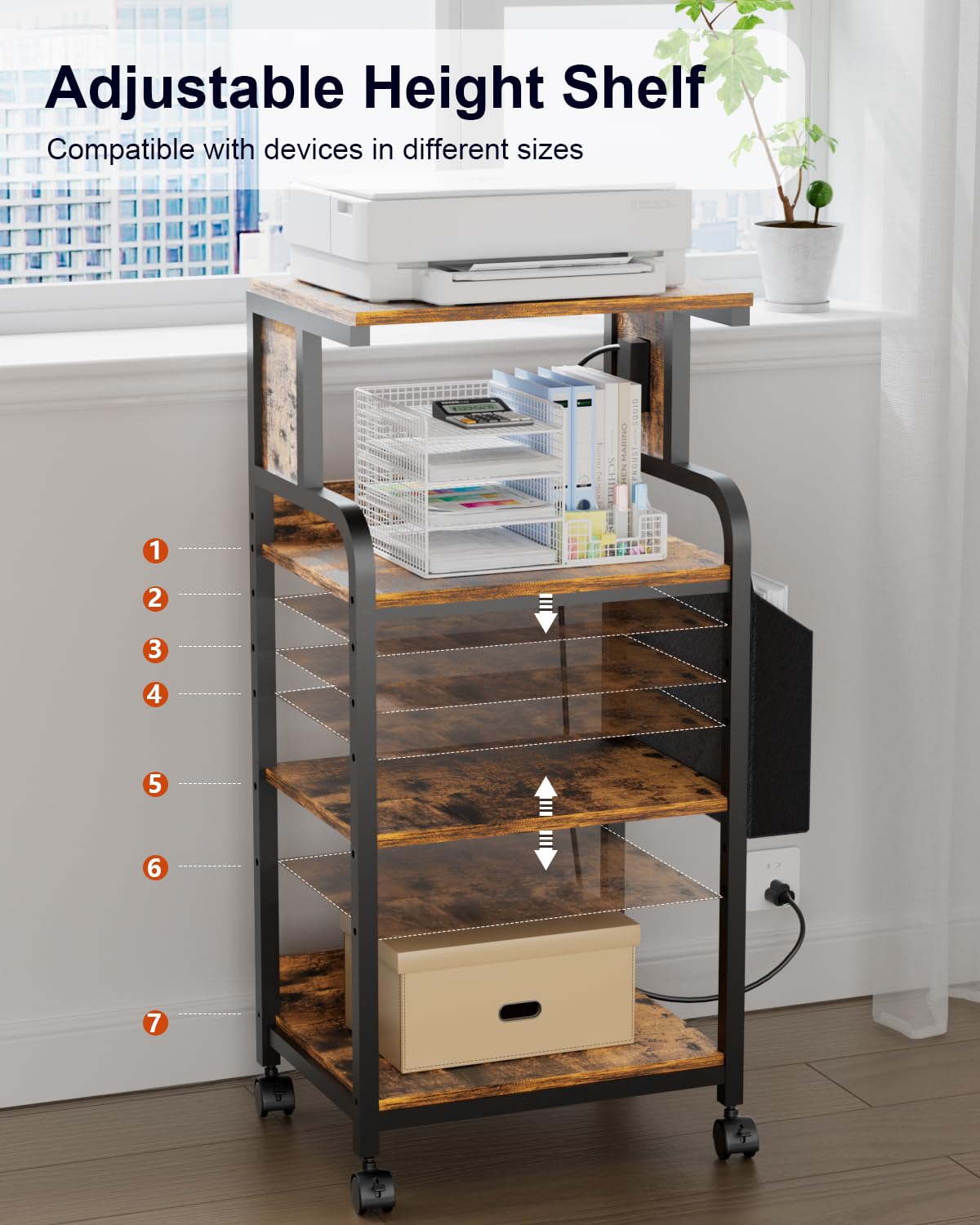 4-Tier Adjustable Printer Stand with Storage Shelf & Wheels - Large Printer Table with Charging Station for Home Office - Perfect for 3D Printer, Shredder, Scanner & Fax Machine - Ideal Workspace Organizer for Small Office & Home Use