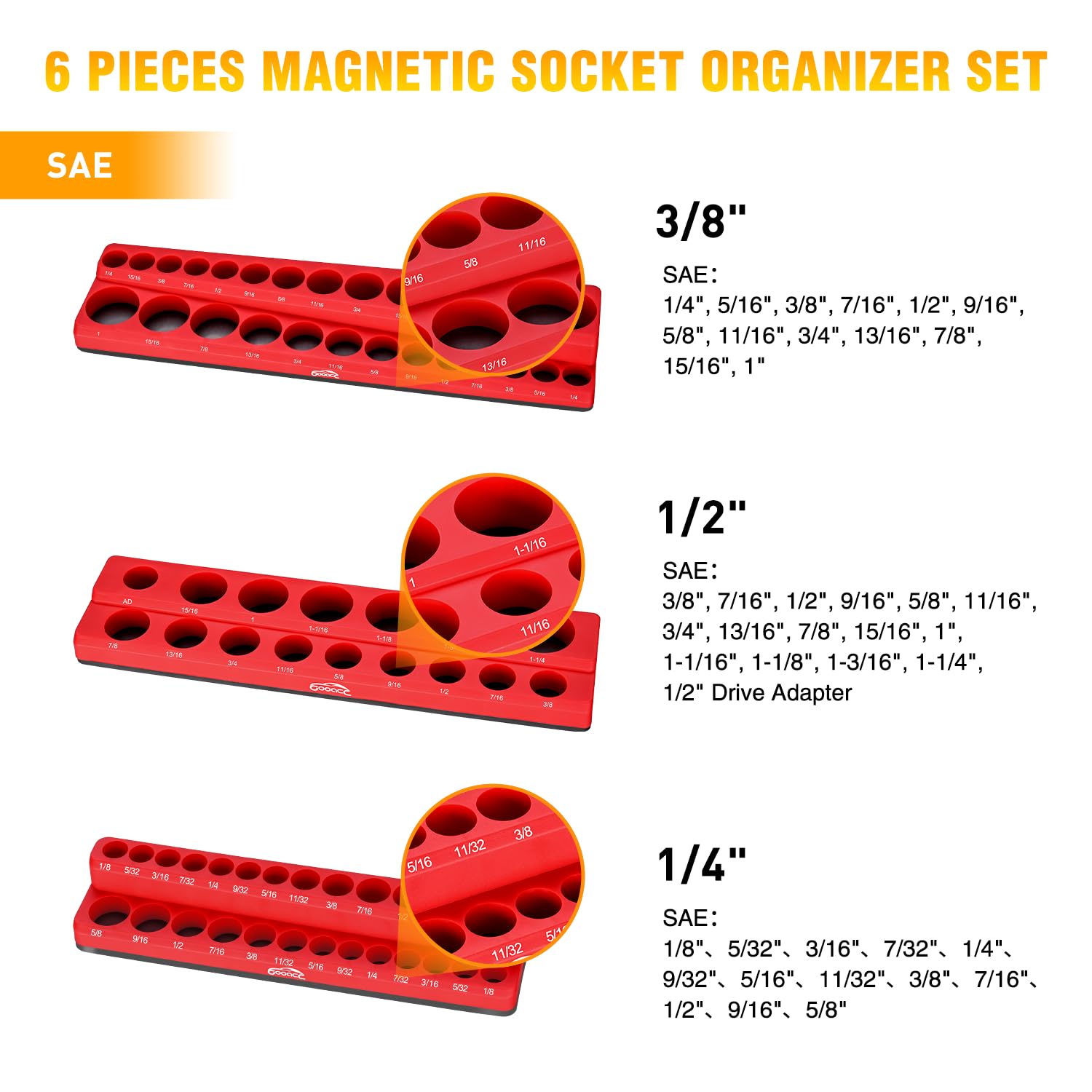 GOOACC 6-Piece Magnetic Socket Organizer Set - 1/2
