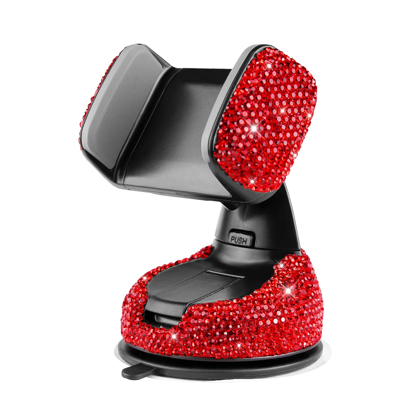 Bling Crystal Car Phone Mount Holder - Universal Air Vent, Dashboard & Windshield Phone Cradle with Extra Base - Red | Perfect for Hands-Free Driving, GPS Navigation & Safe Commuting