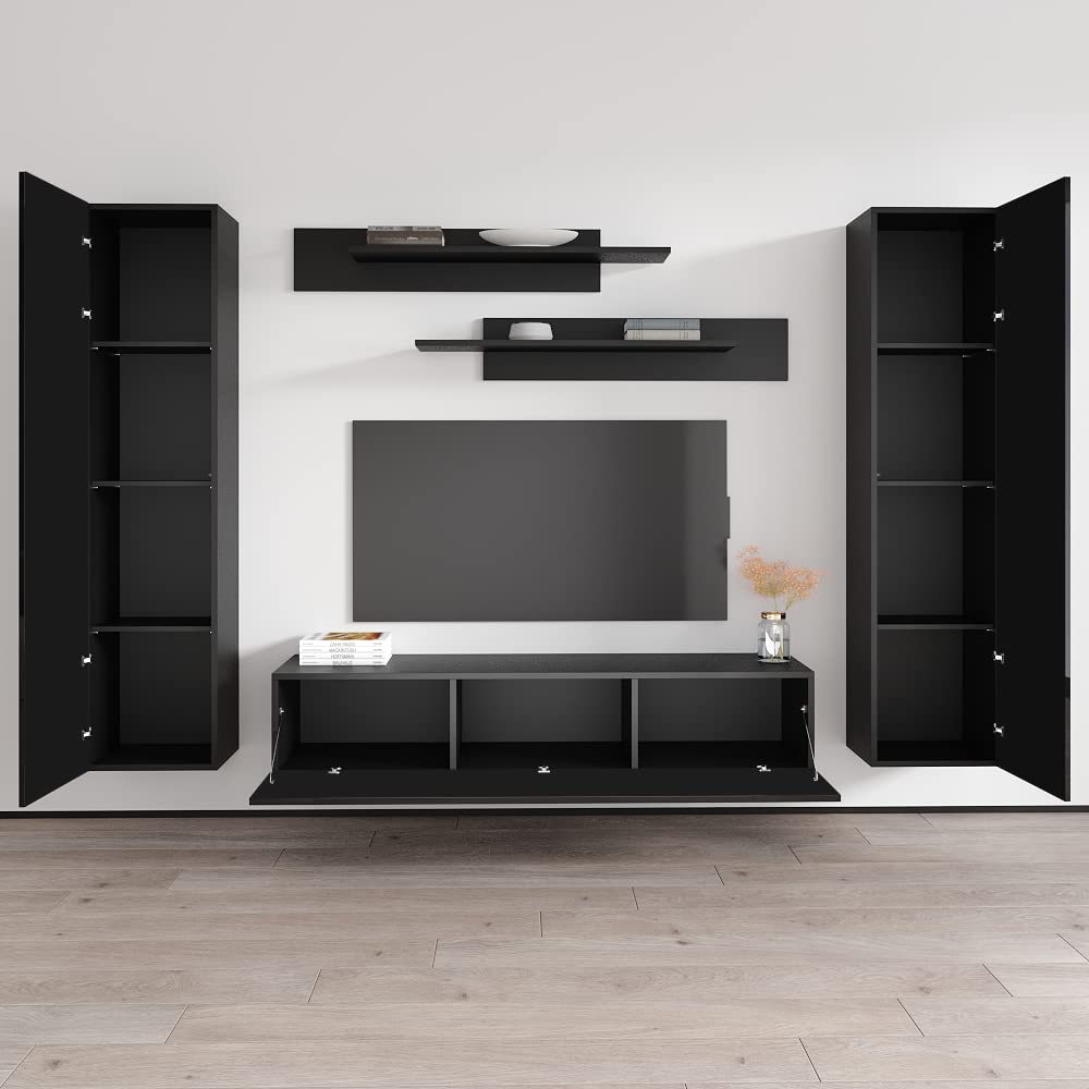 Modern Floating TV Stand with Storage & LED Lights - Wall-Mounted Entertainment Center for Bedroom & Living Room - Space-Saving TV Console with Shelves - Perfect for Small Apartments & Home Theaters - Black