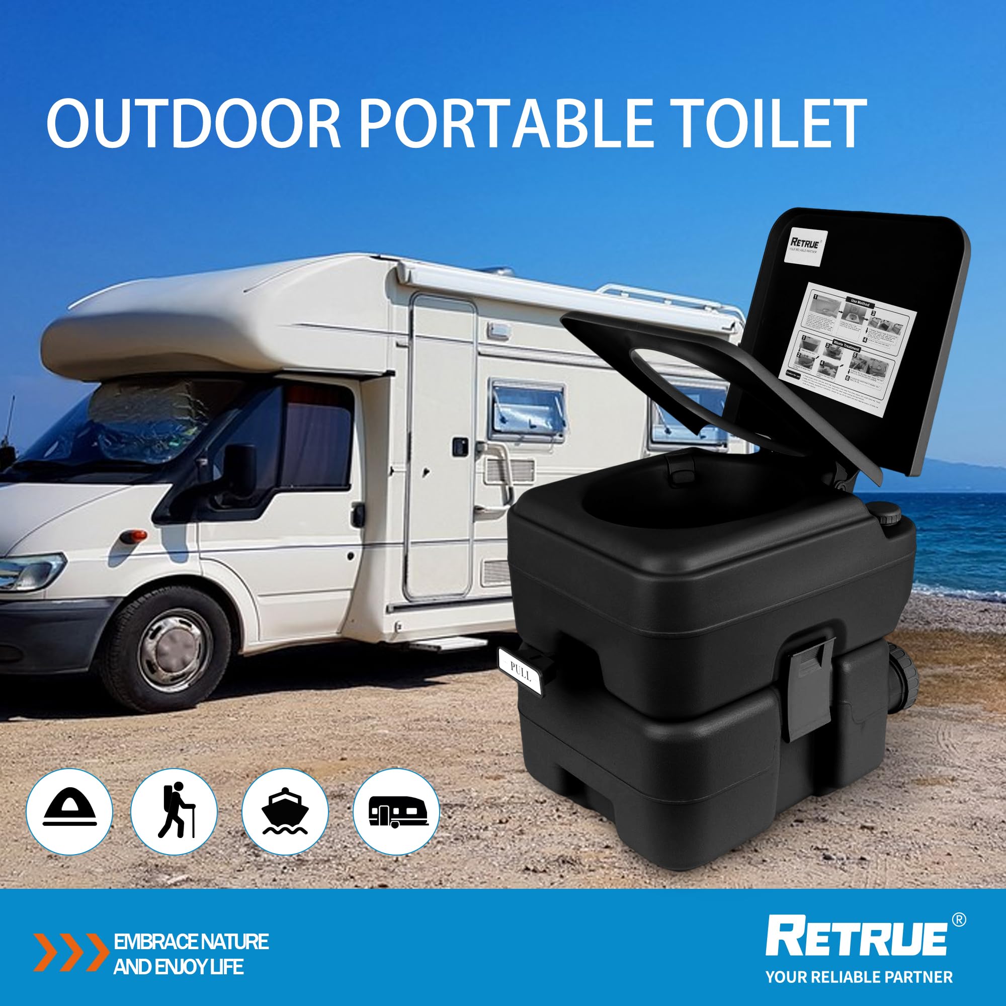 RETRUE 5.3 Gallon Portable Camping Toilet - Leak-Proof Travel Porta Potty with Detachable Waste Tank & Upgraded Flush Pump | Ideal for RV, Boat, Camping & Outdoor Adventures | Perfect for Road Trips, Hiking & Emergency Preparedness