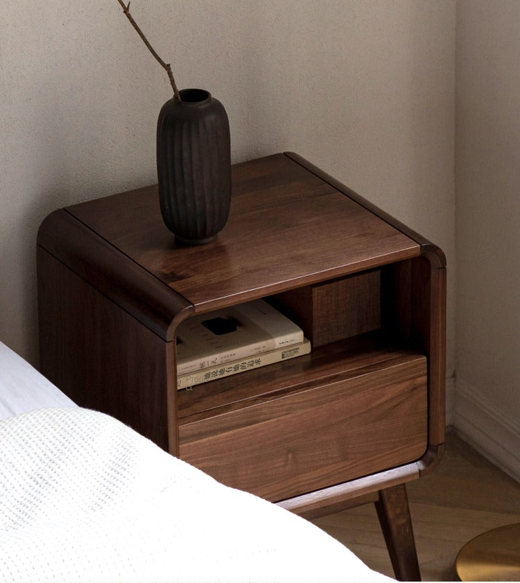 Premium Black Walnut & Ash Solid Wood Modern Nightstand - Stylish Bedside Table for Bedroom, Living Room, or Office