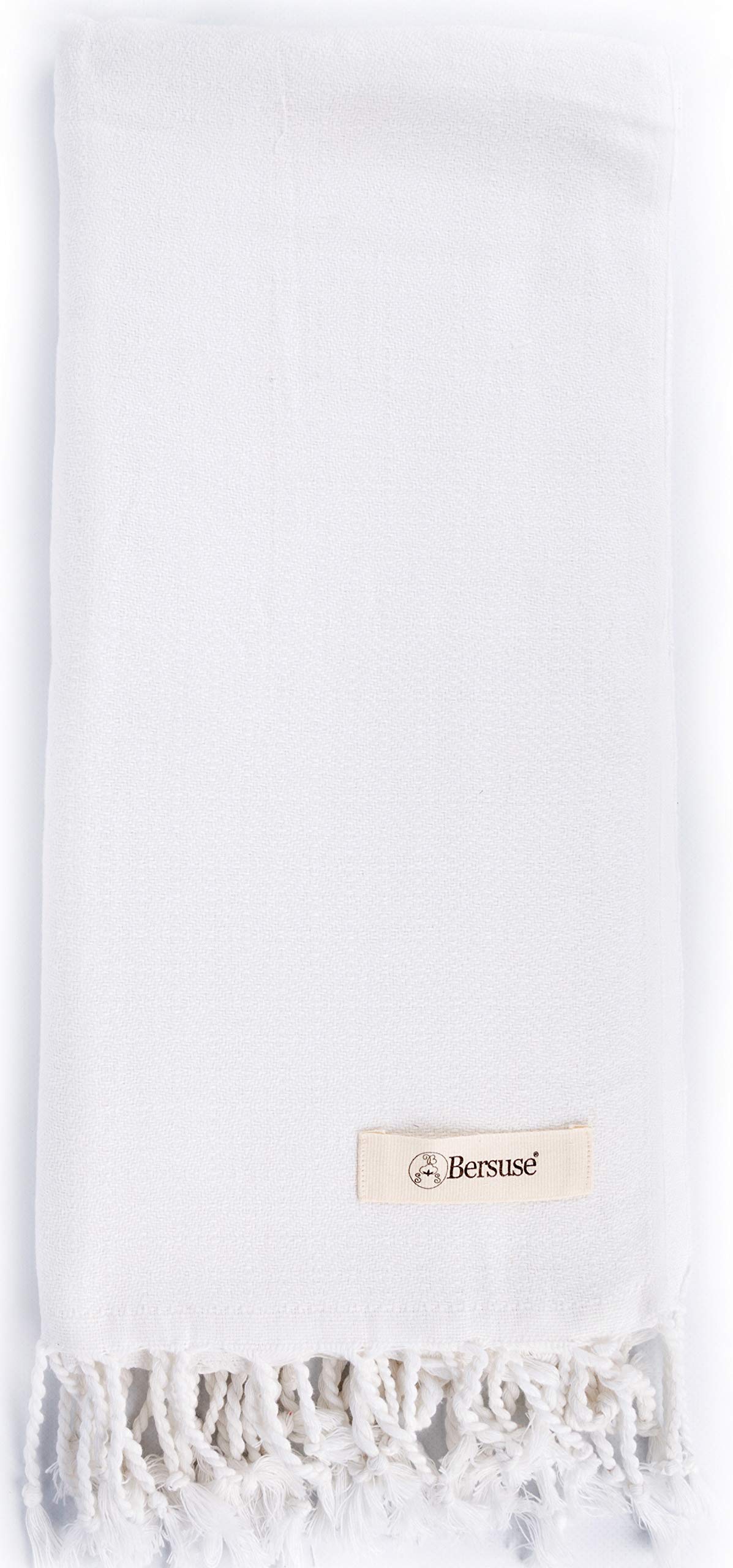 Bersuse 100% Cotton Turkish Bath Towel - Ultra Soft & Absorbent Beach Towel for Pool, Spa & Travel - 37x70 Inches Large Size - Perfect for Vacation, Yoga & Picnic - White (Set of 3)