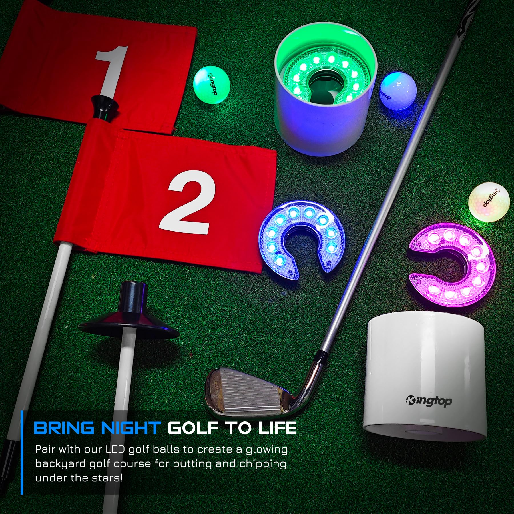 KINGTOP LED Golf Hole Light with Anti-Glare Lens - Battery Operated Glow in The Dark Putting Cup Lights for Night Golf, Backyard Practice & Golf Parties | Perfect for Indoor/Outdoor Putting Greens, Nighttime Practice & Golf-Themed Events