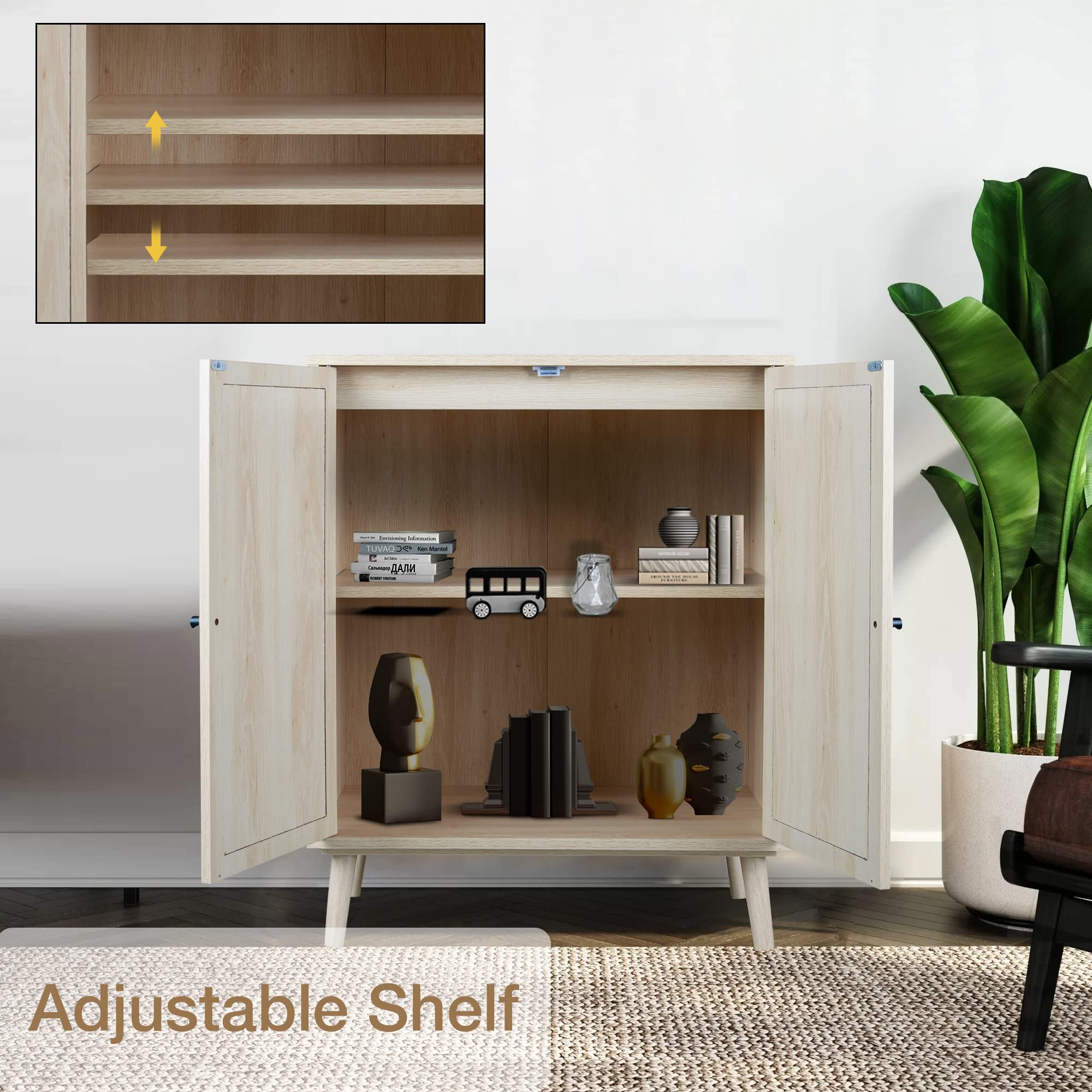 QHITTY Natural Rattan Sideboard Buffet Cabinet with Adjustable Shelves - Stylish Kitchen Storage & Accent Console Table for Living Room, Dining Room, Bedroom, and Entryway